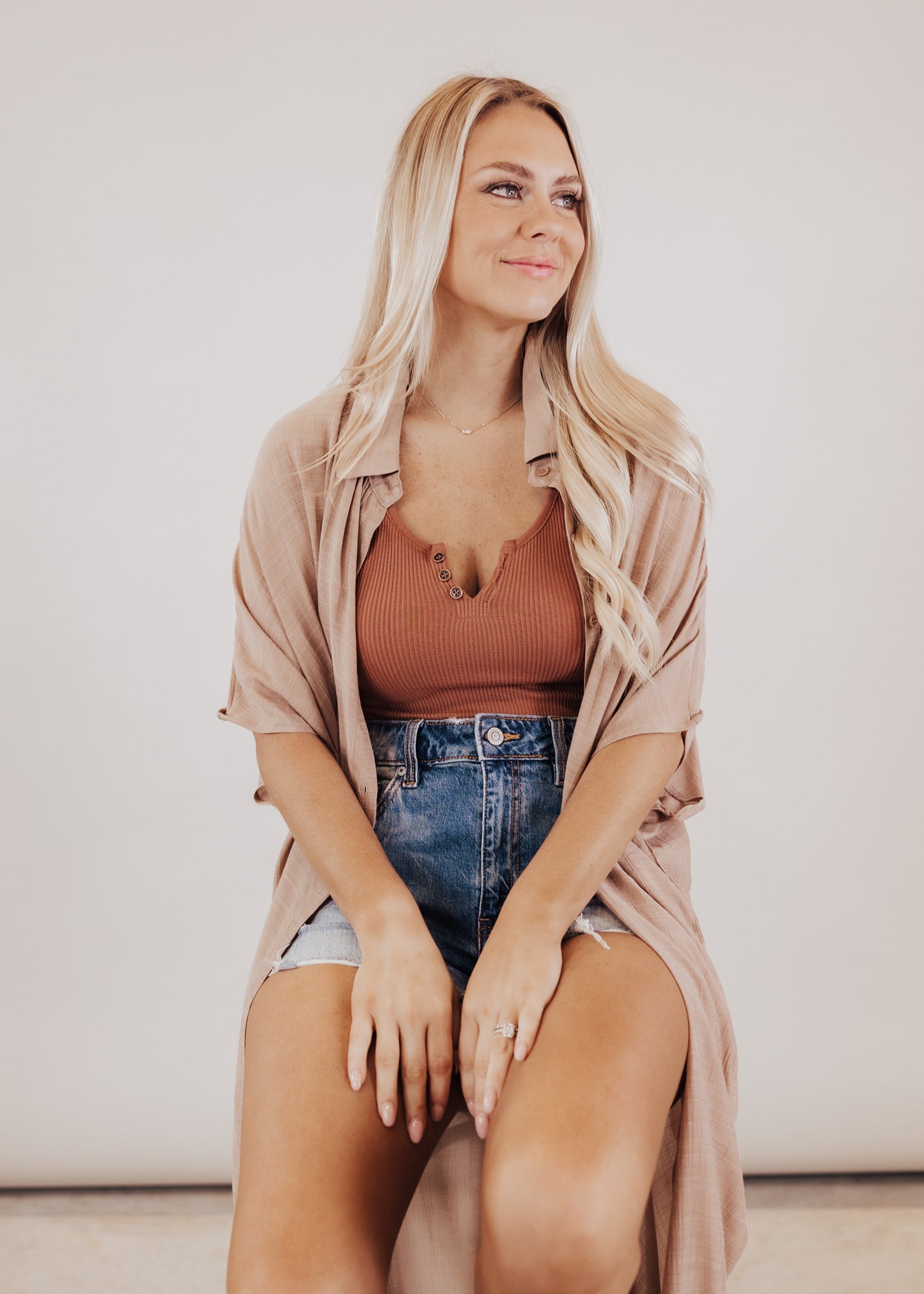 Farrah Long Button Down Coverup *TAN