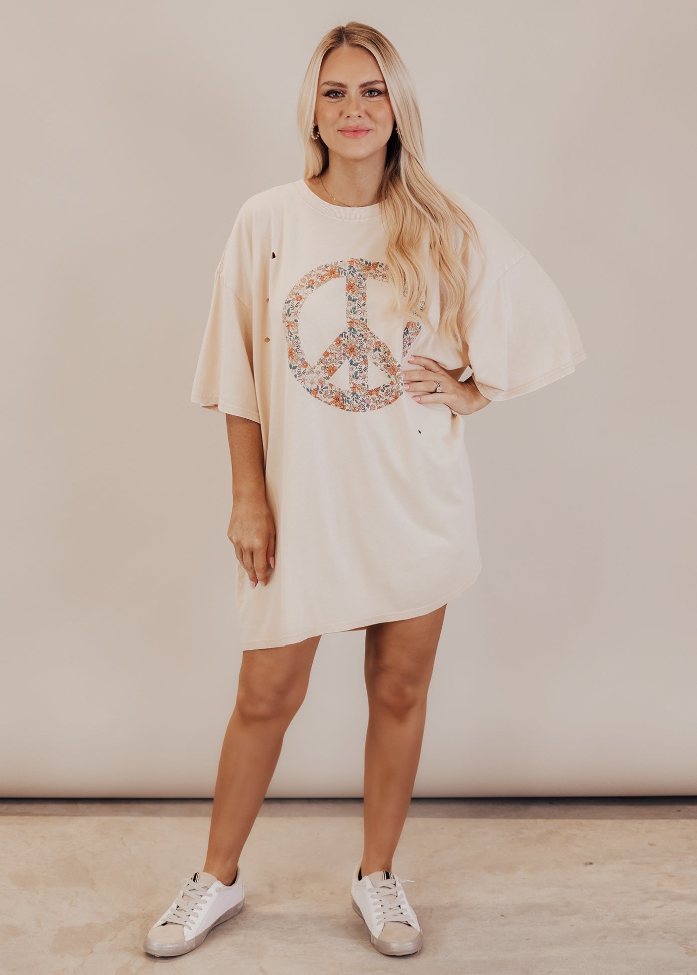 Oversized Distressed Floral Peace Long Top (CAN FIT XL) *SAND