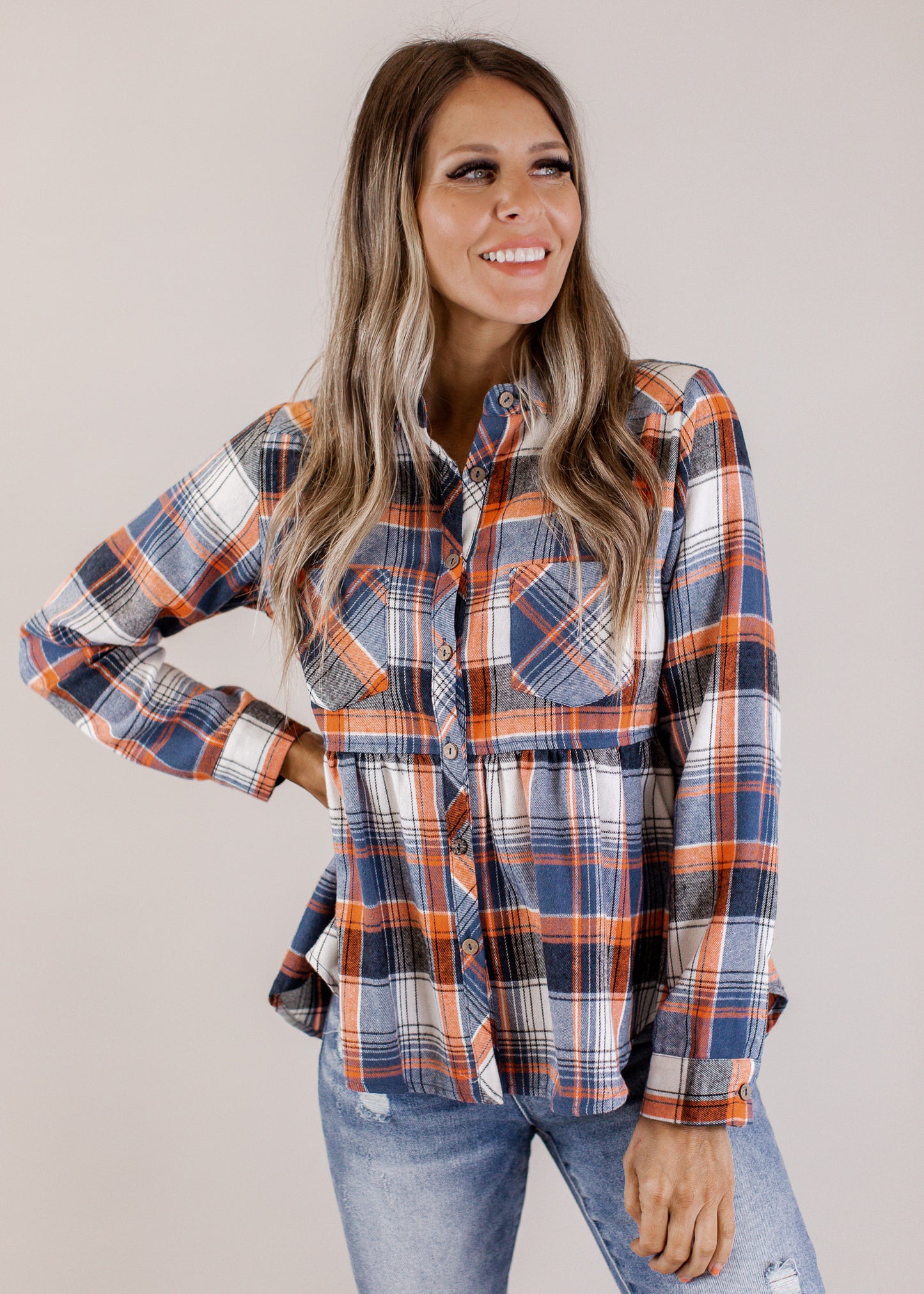 SMALL: Orange Denim Blue Babydoll Top