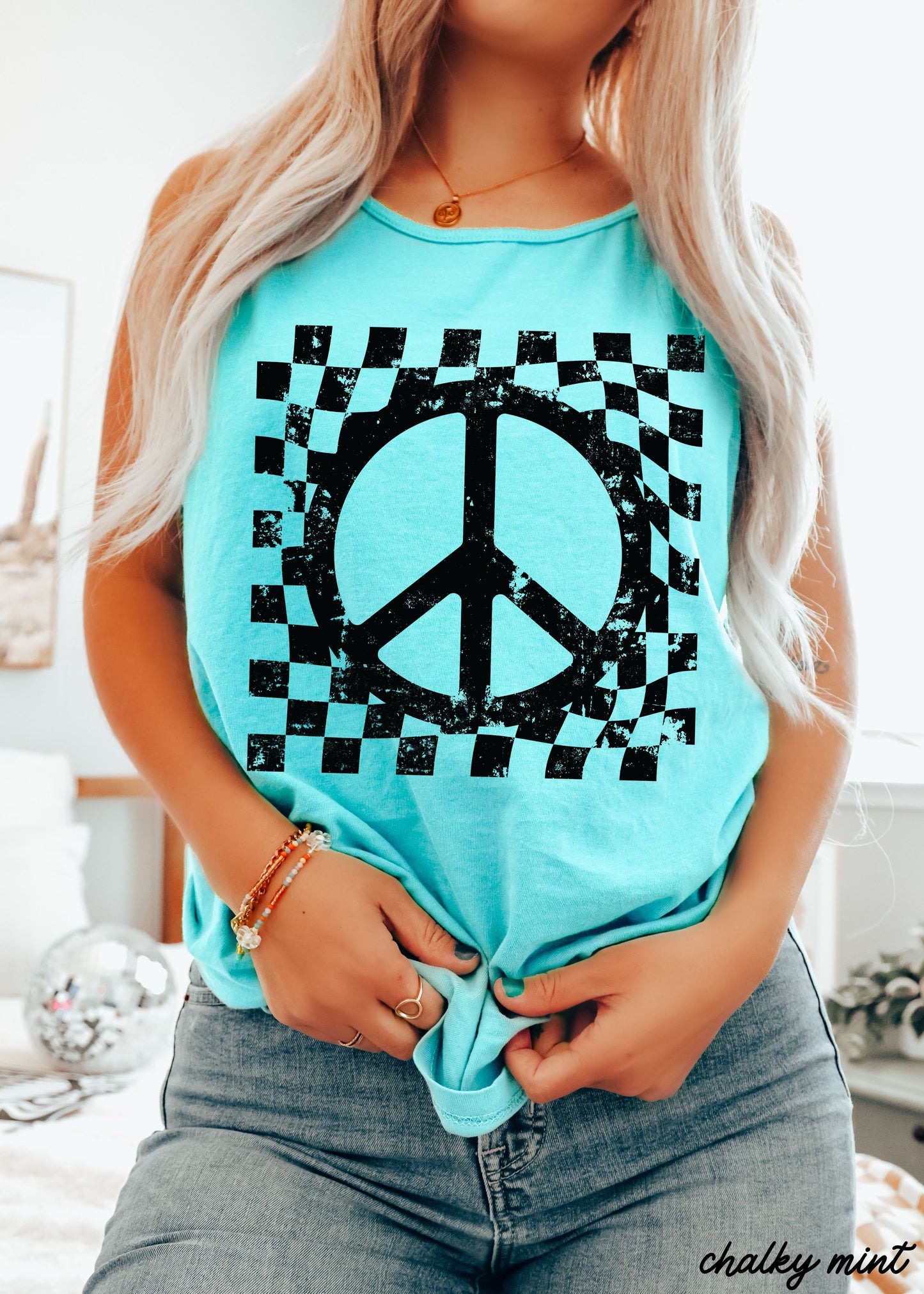 Checkered Peace Sign Tank *4 Colors (S-3X)