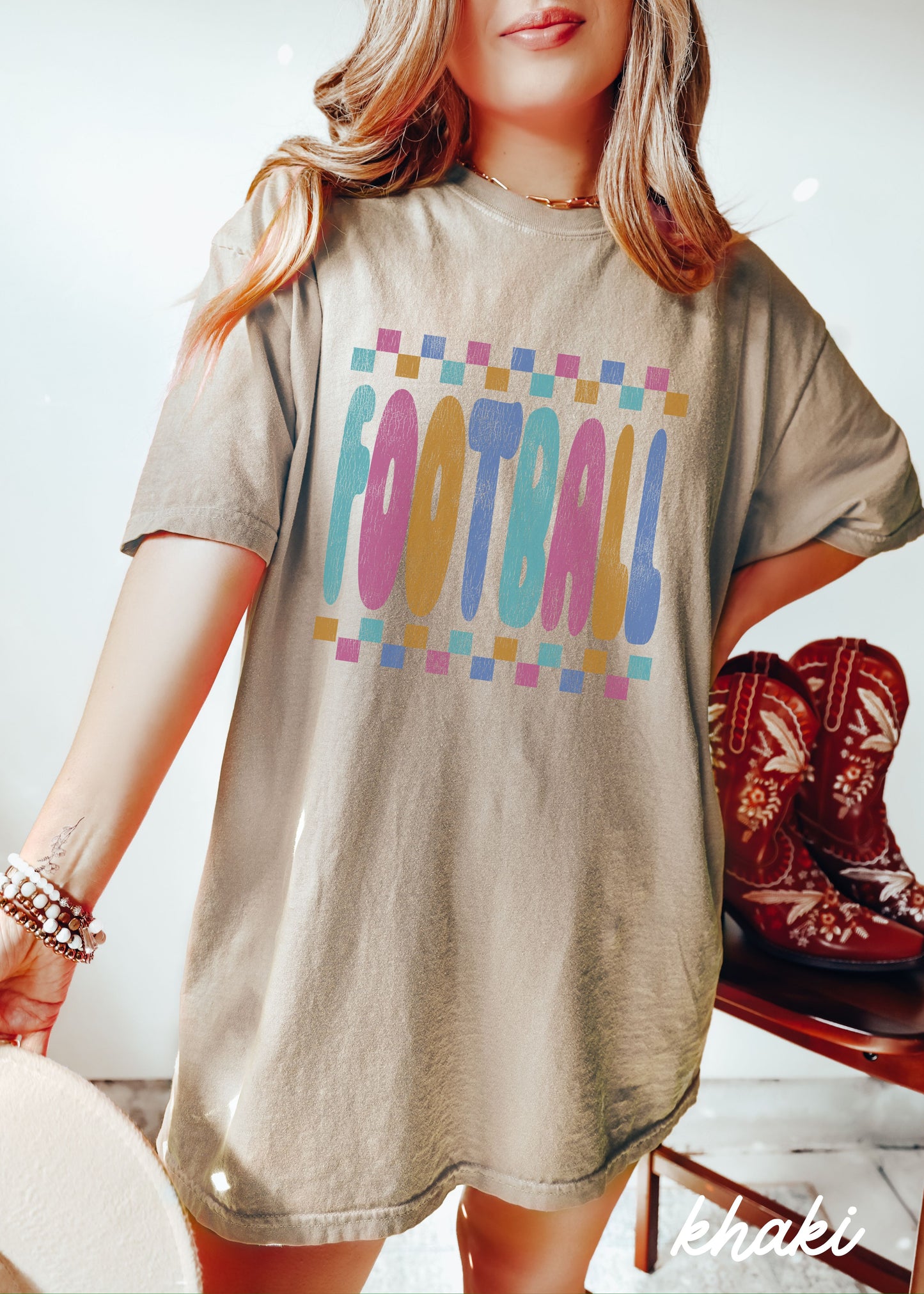 *FOOTBALL Checkered Tee *11 Colors (S-4X)