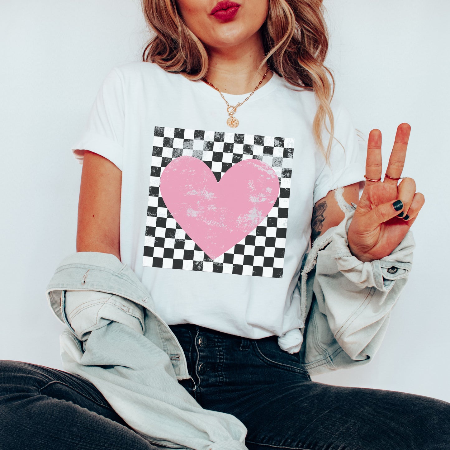 Pre Order: Checkered Heart Tee *WHITE (S-3X)