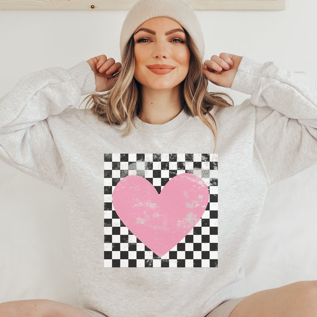PRE-ORDER: Checkered Heart Sweatshirt *Ash Grey (S-3X)
