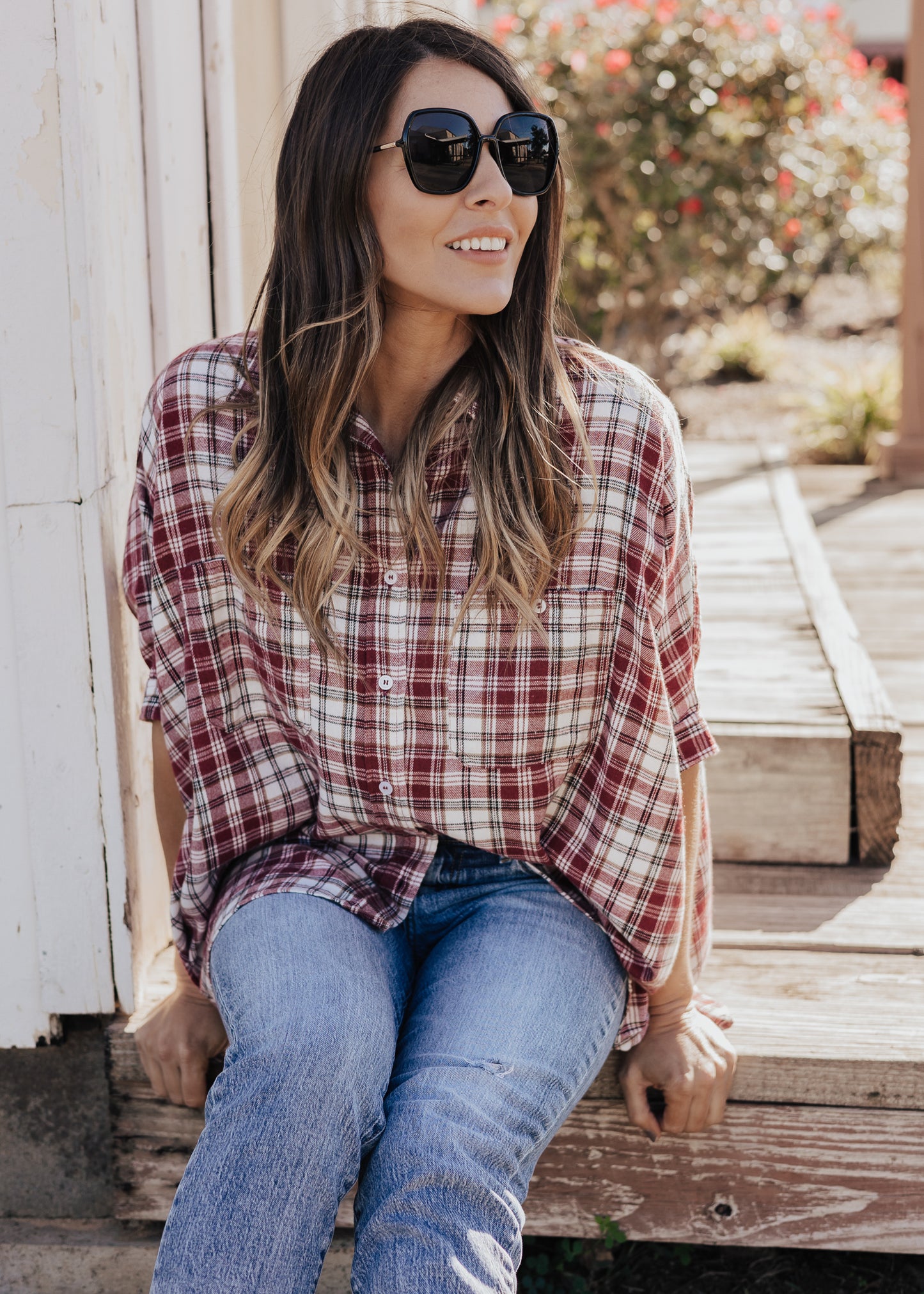 SIZE 3X: Oversized Plaid Button Down (S-3X) *BURGUNDY/IVORY