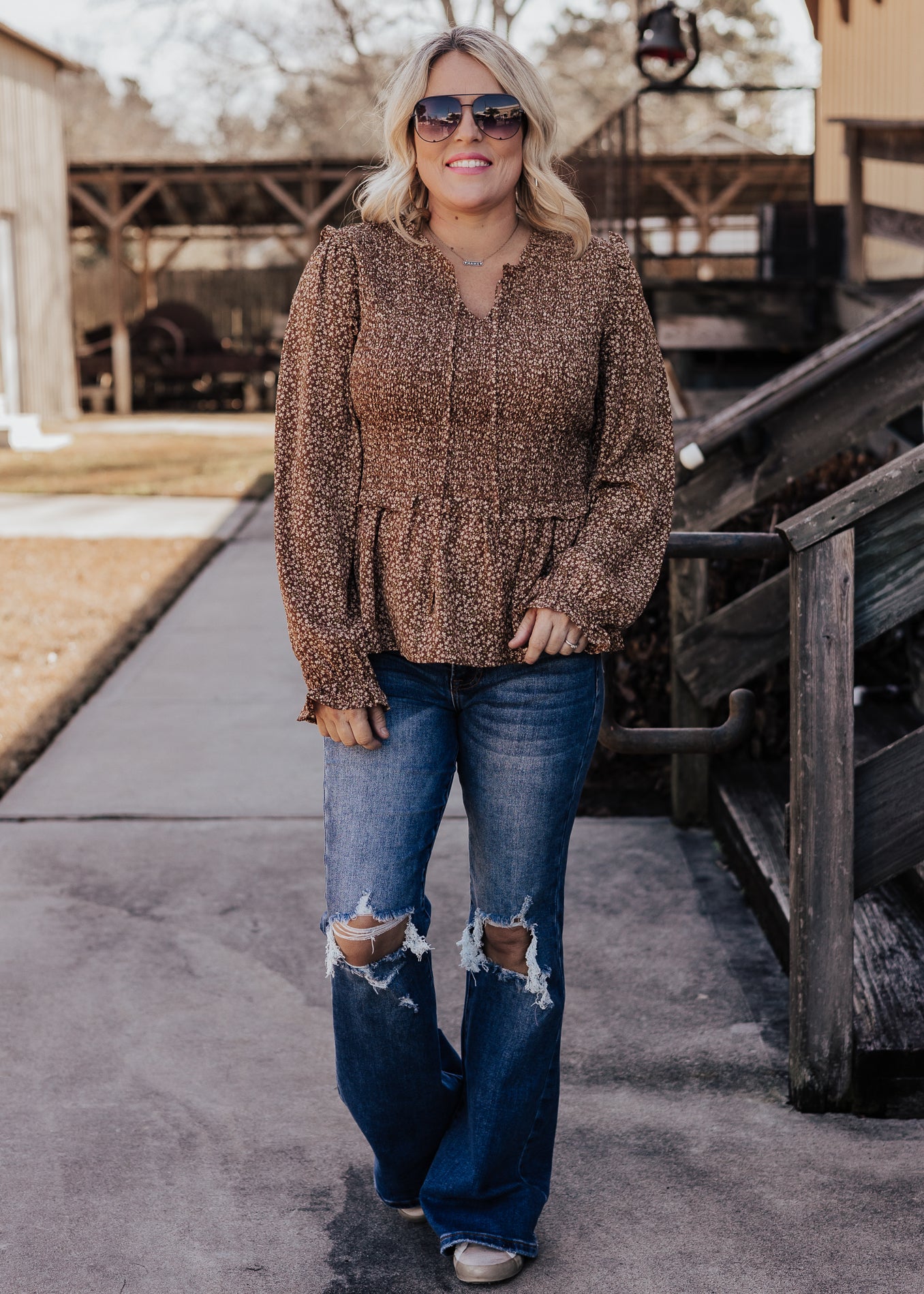 Smocked Brown Floral Top