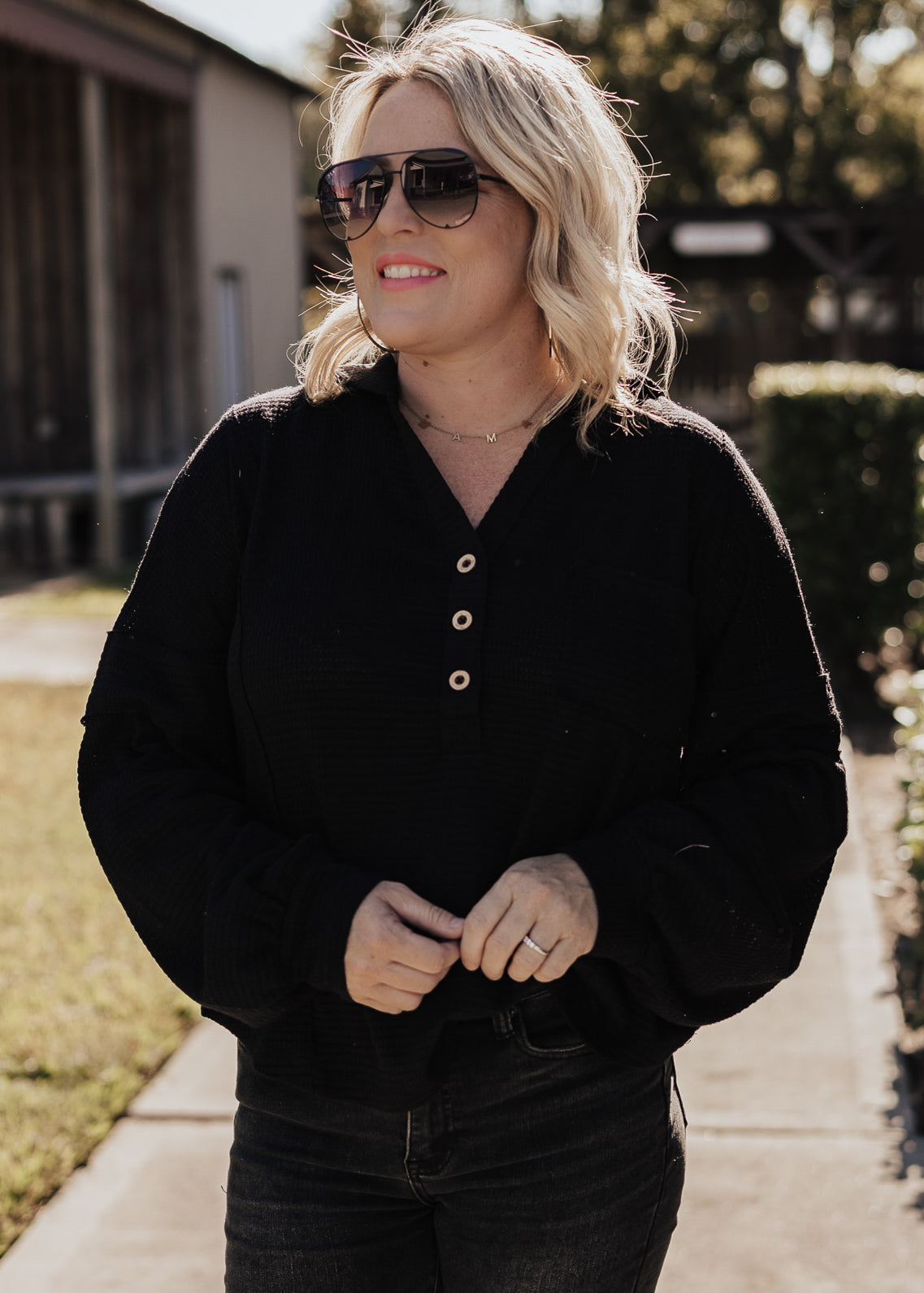 Griffin Waffle Hooded Top *BLACK