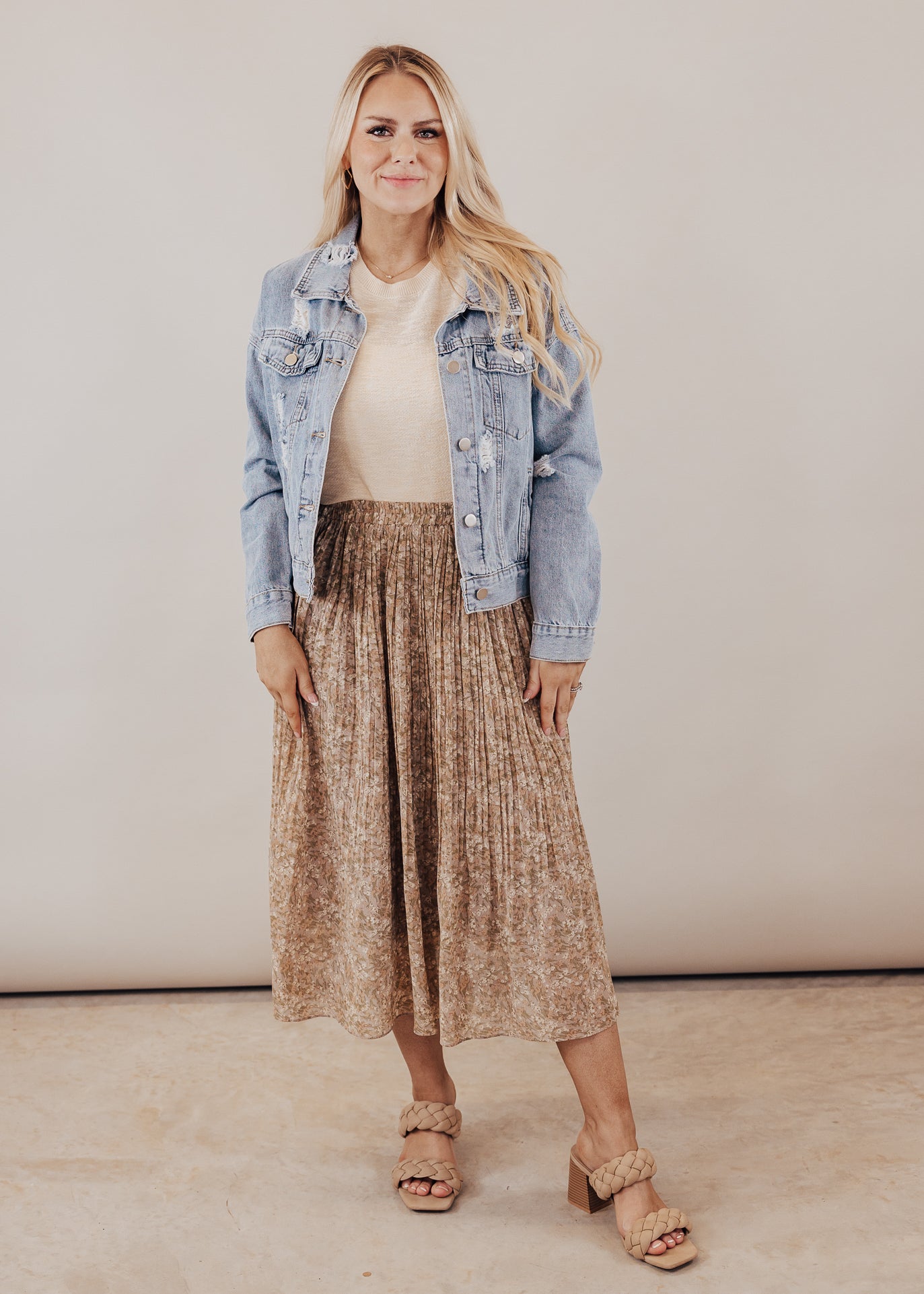 Pleated Taupe Floral Skirt (S-2X)