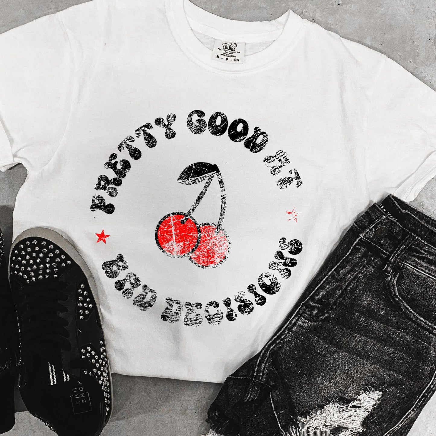 Bad Decisions Cherry Tee *White (S-3X)