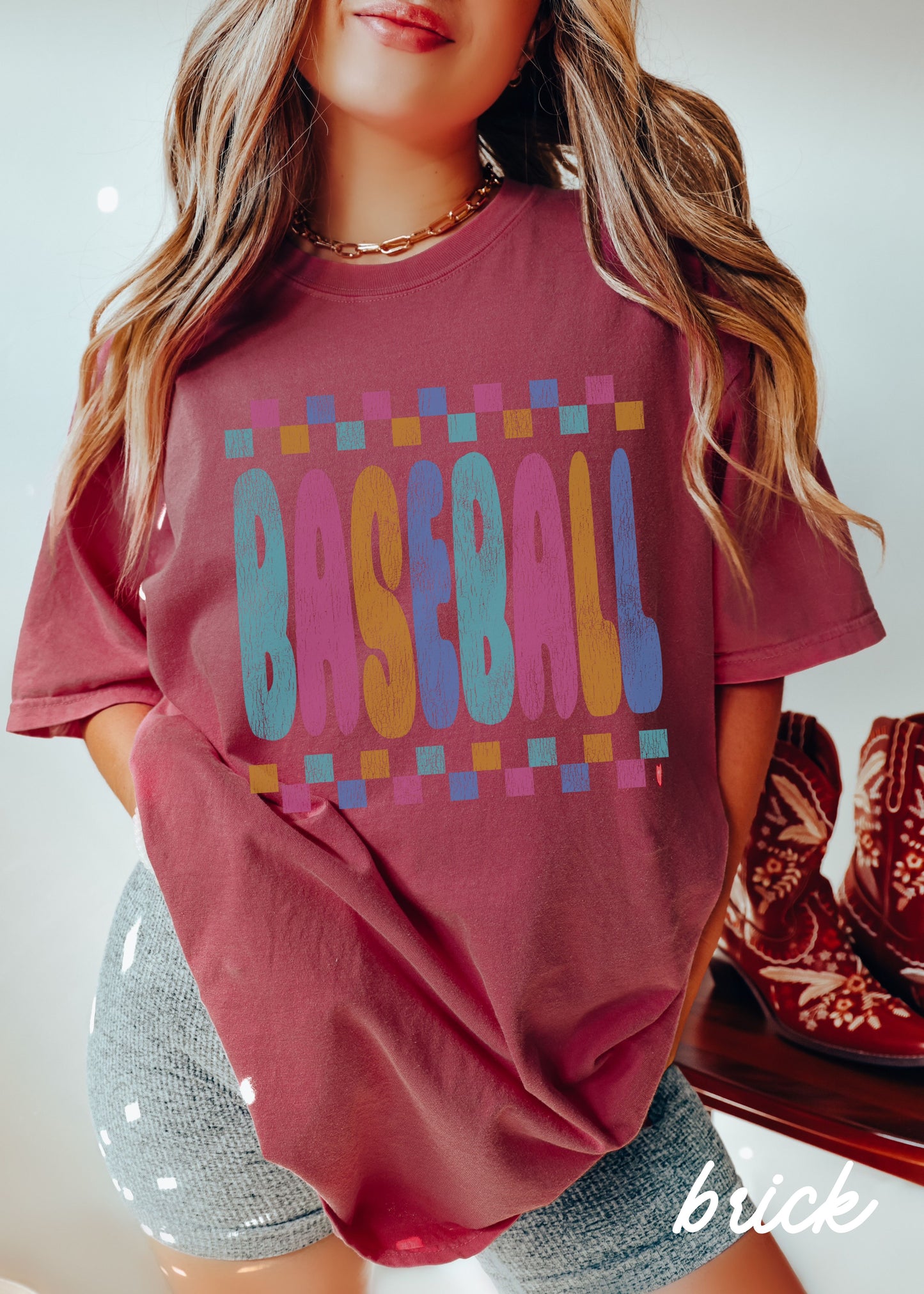 *BASEBALL Checkered Tee *11 Colors (S-4X)
