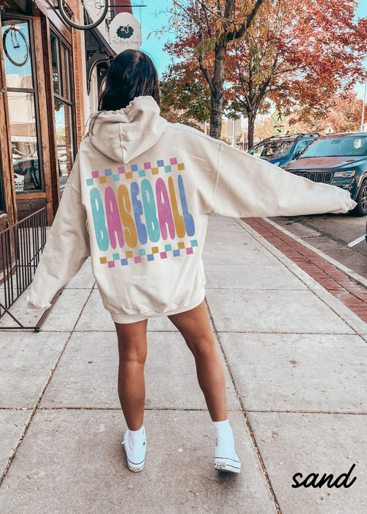 *Baseball Checkered Back Print Hoodie *6 Colors (S-5X)