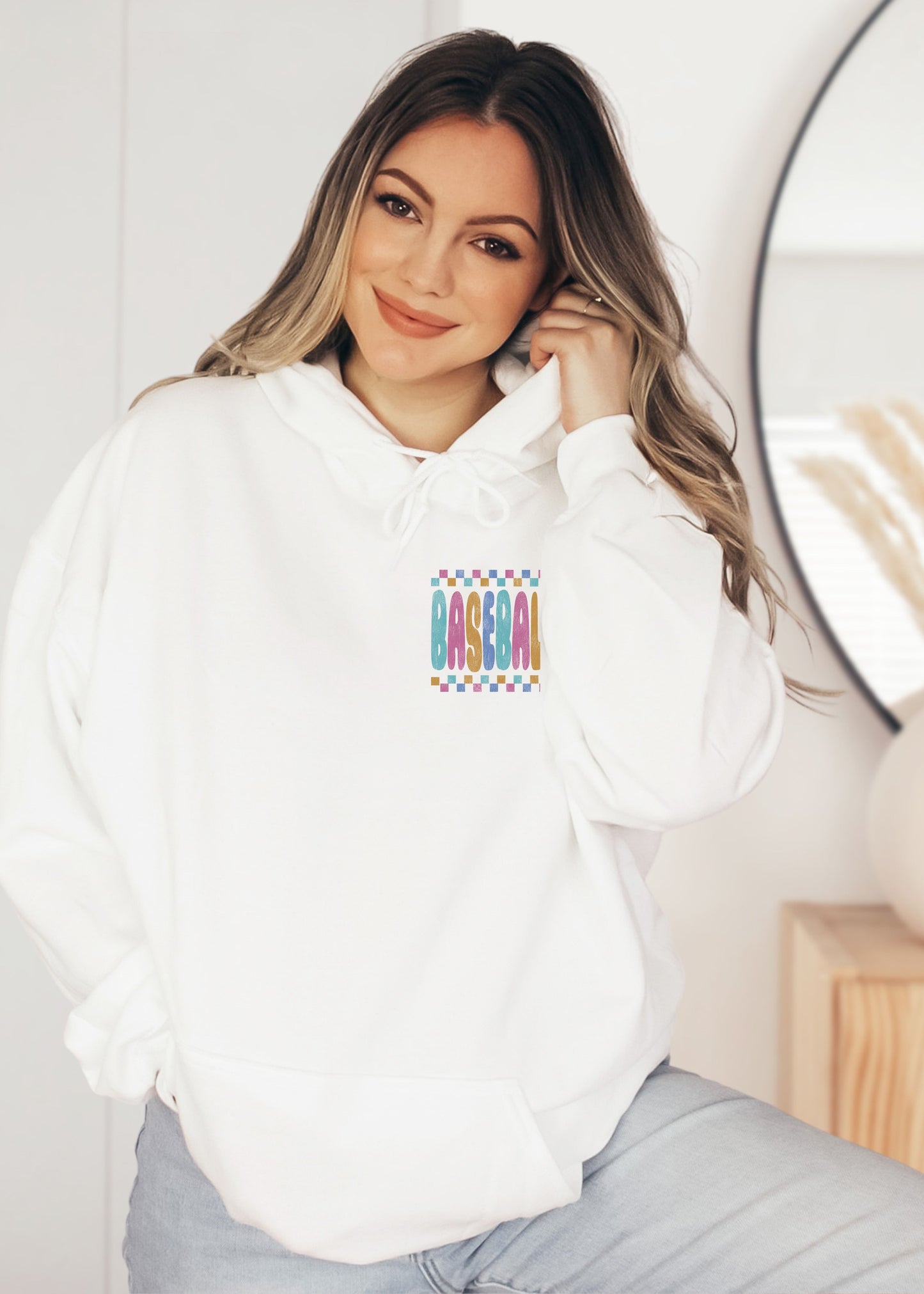 *Baseball Checkered Back Print Hoodie *6 Colors (S-5X)