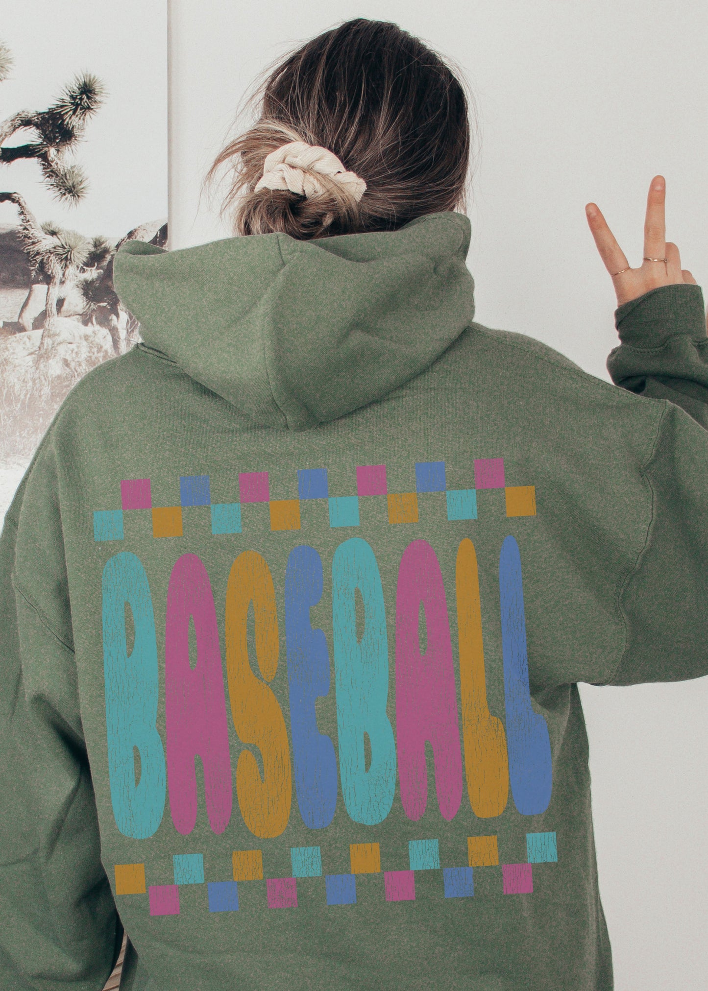 *Baseball Checkered Back Print Hoodie *6 Colors (S-5X)