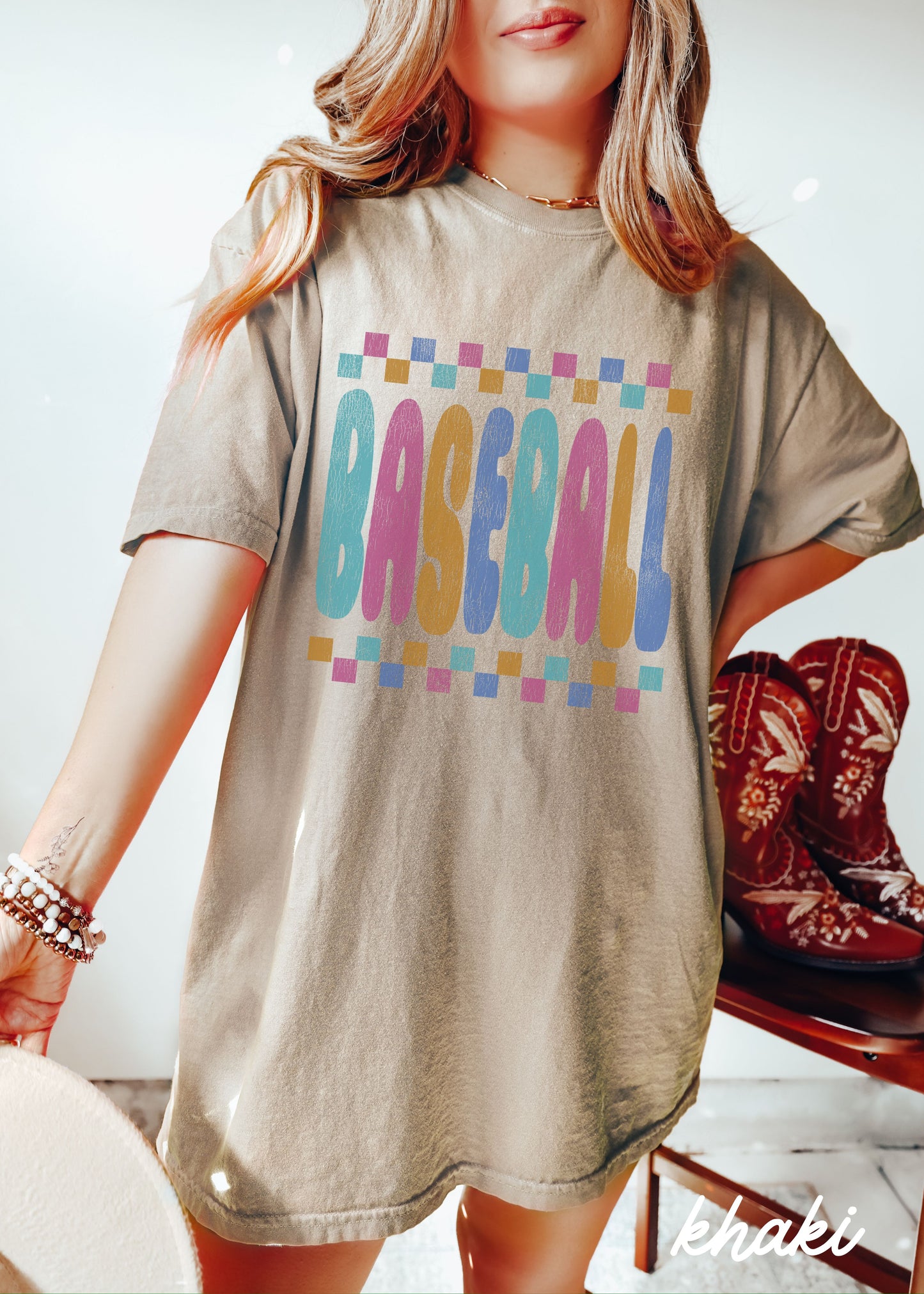 *BASEBALL Checkered Tee *11 Colors (S-4X)