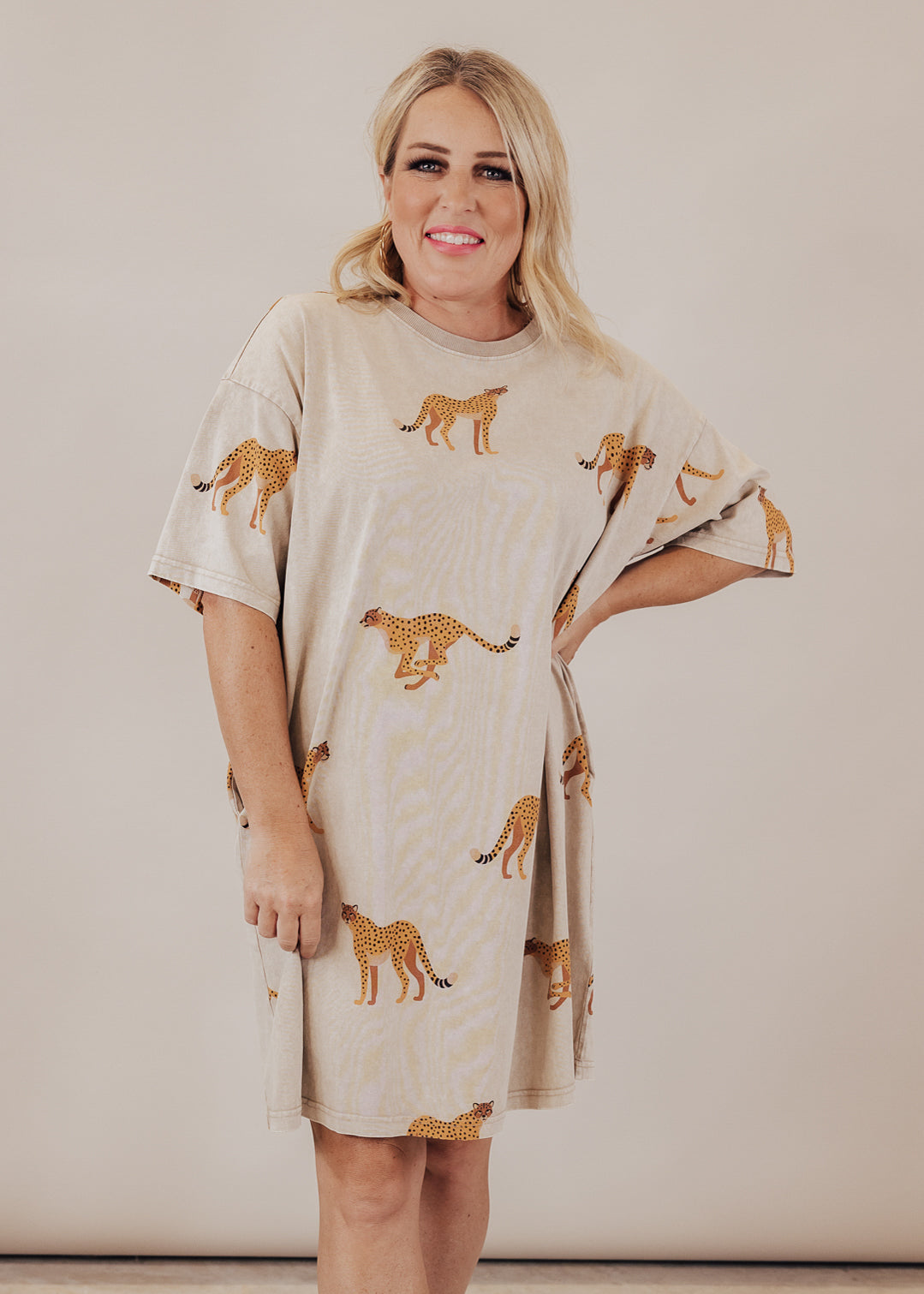 Oversized Cheetah T-Shirt Dress (S-3X) *WASHED TAUPE
