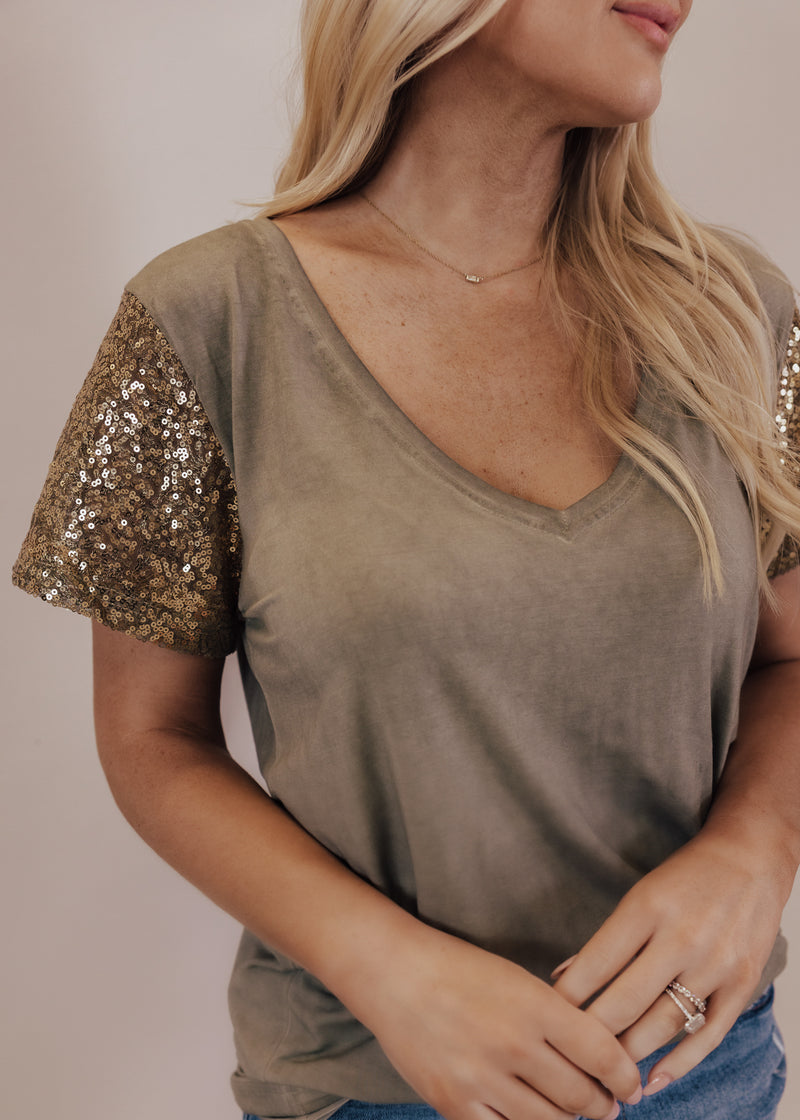 Pol Sequin Sleeve Top *OLIVE