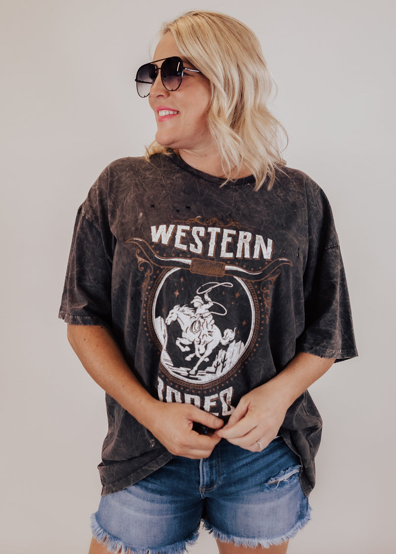 #66 Oversized Western Rodeo Distressed Top *MINERAL BLACK