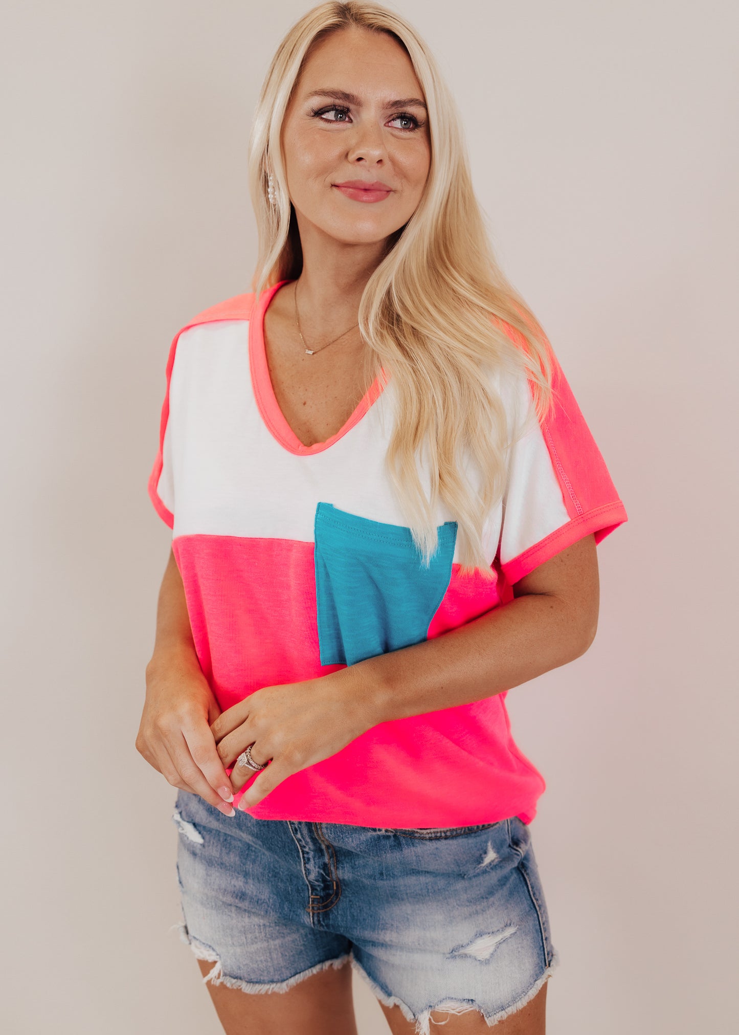 Neon Pink Color Block Blue Pocket Top (S-XL)