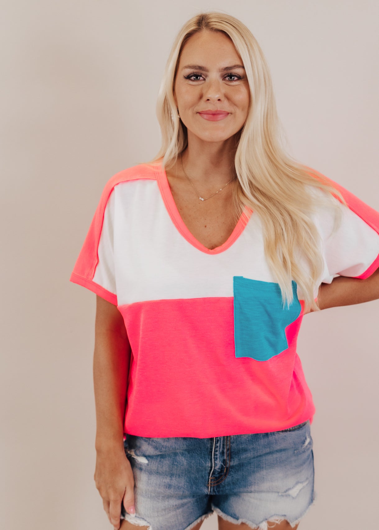 Neon Pink Color Block Blue Pocket Top (S-XL)