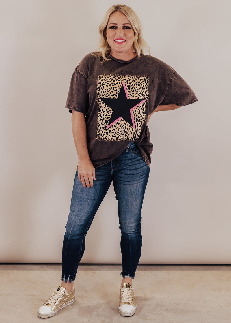 #74 Oversized Distressed Star Leopard Top (CAN FIT XL) *VINTAGE CHARCOAL