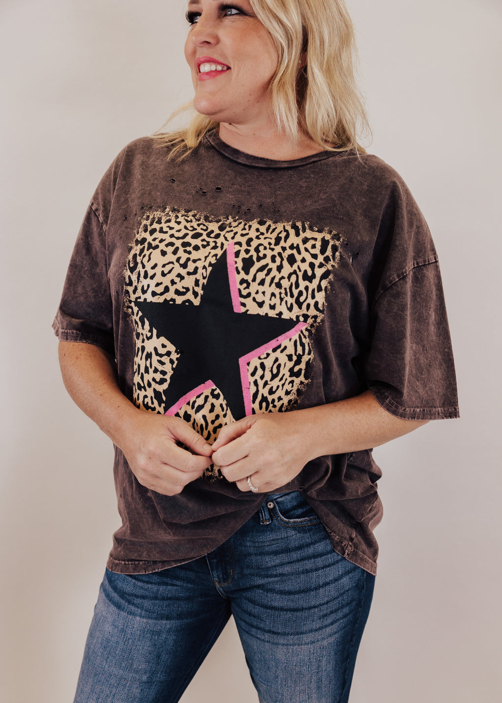 #74 Oversized Distressed Star Leopard Top (CAN FIT XL) *VINTAGE CHARCOAL