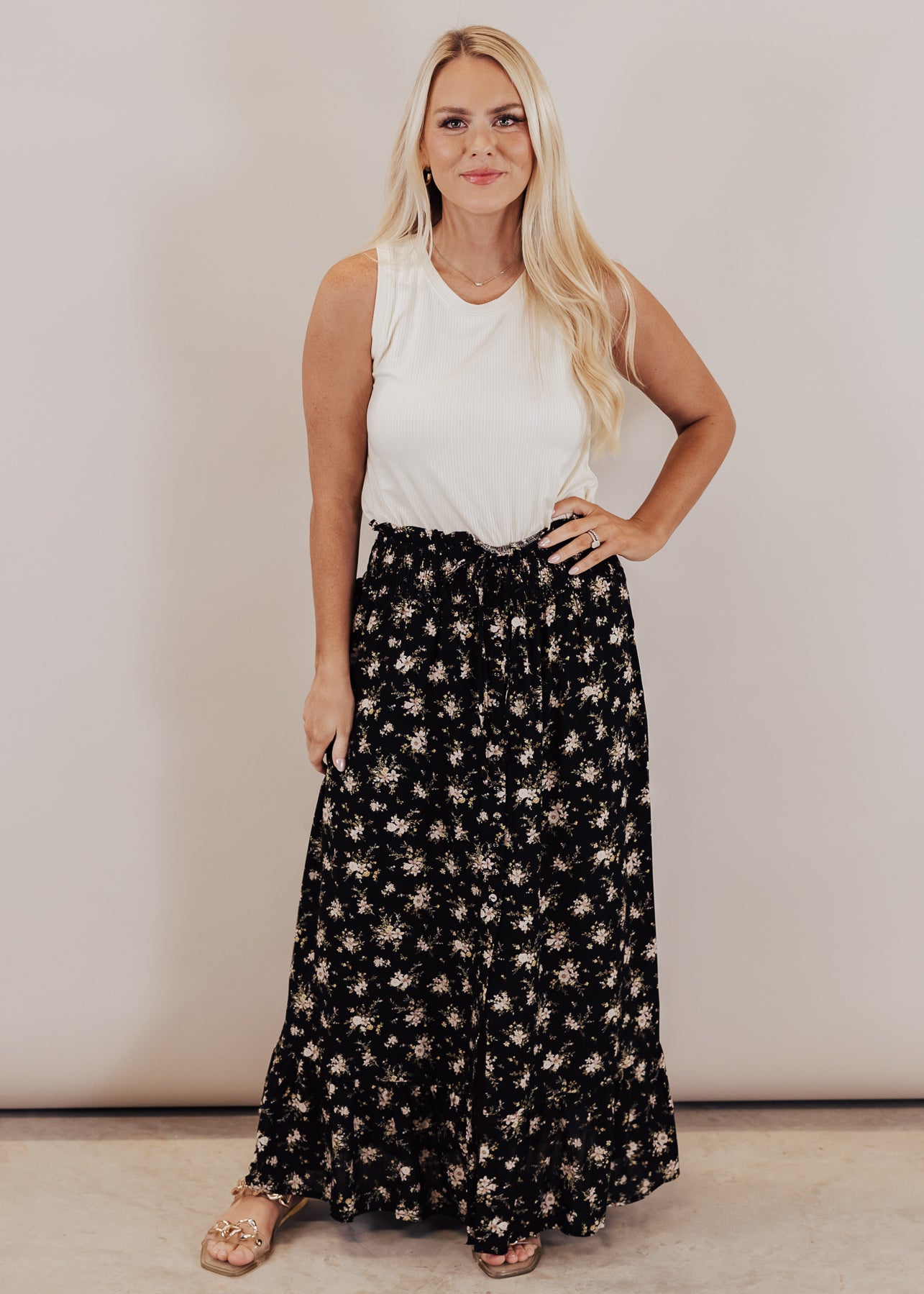 SMALL: Black Floral Midi Skirt