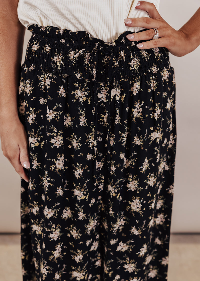 SMALL: Black Floral Midi Skirt
