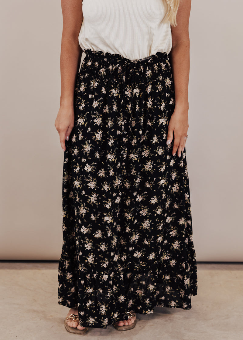 SMALL: Black Floral Midi Skirt