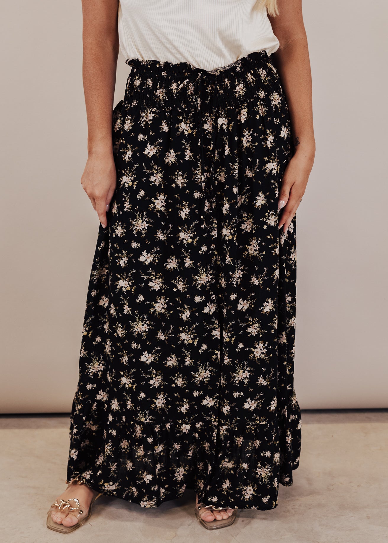 SMALL: Black Floral Midi Skirt
