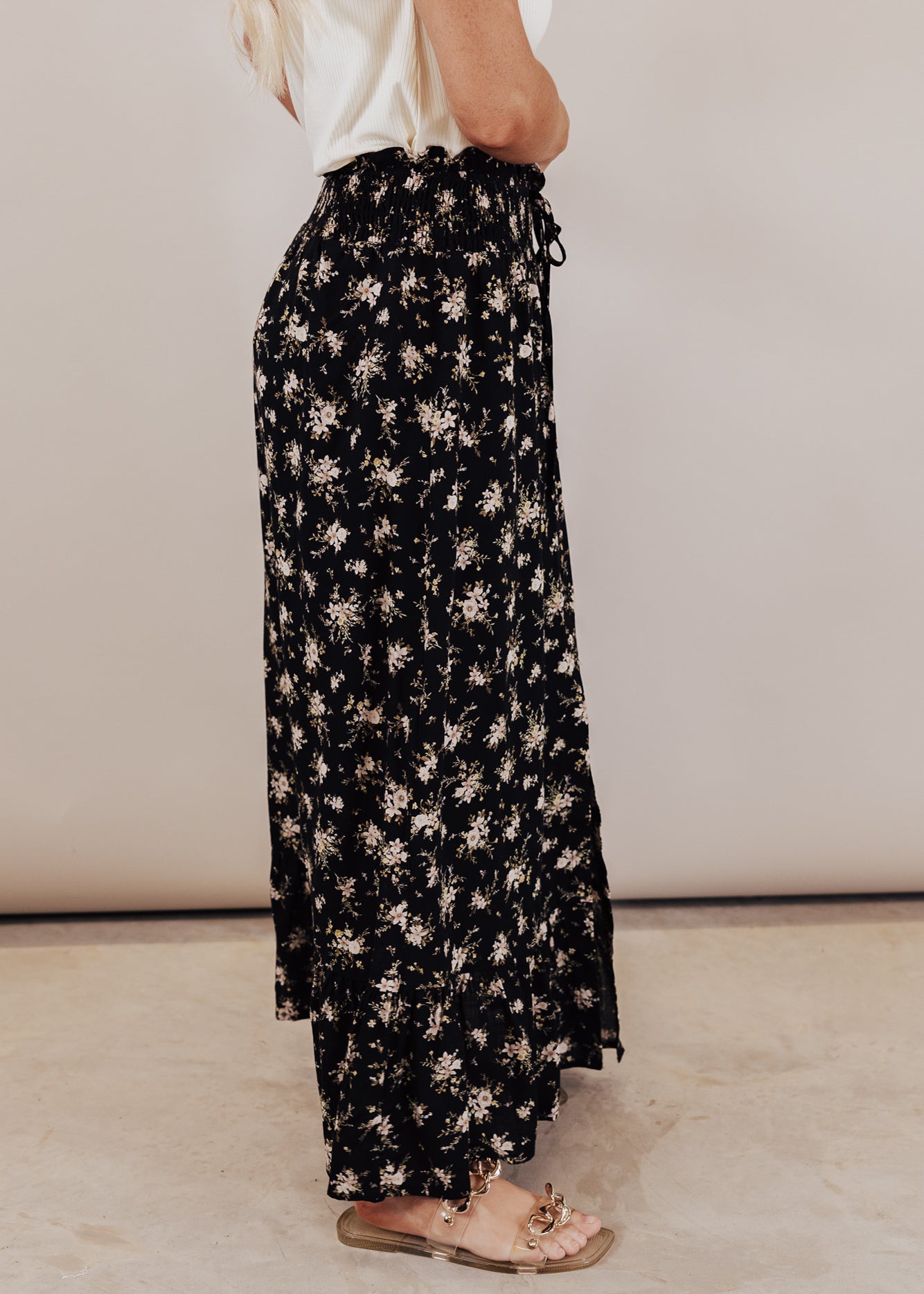 SMALL: Black Floral Midi Skirt
