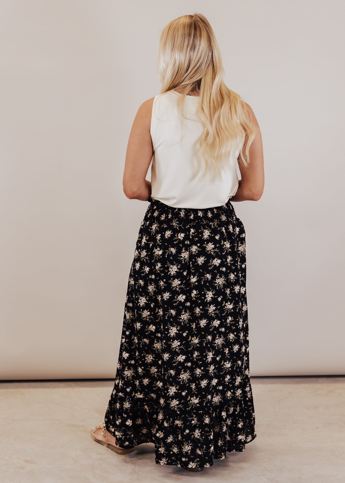 SMALL: Black Floral Midi Skirt