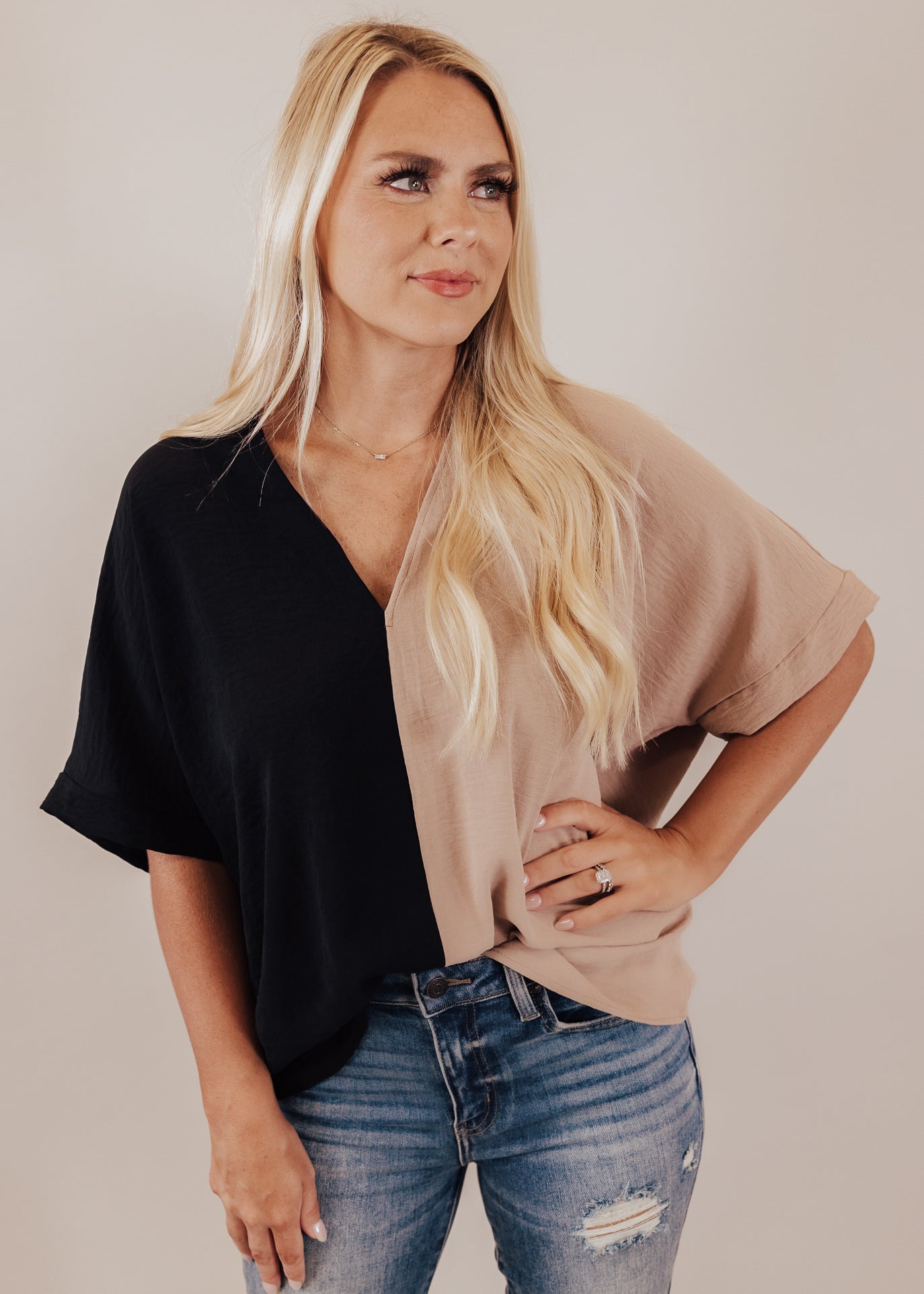 Whitney Color Block Top *BLACK/TAUPE