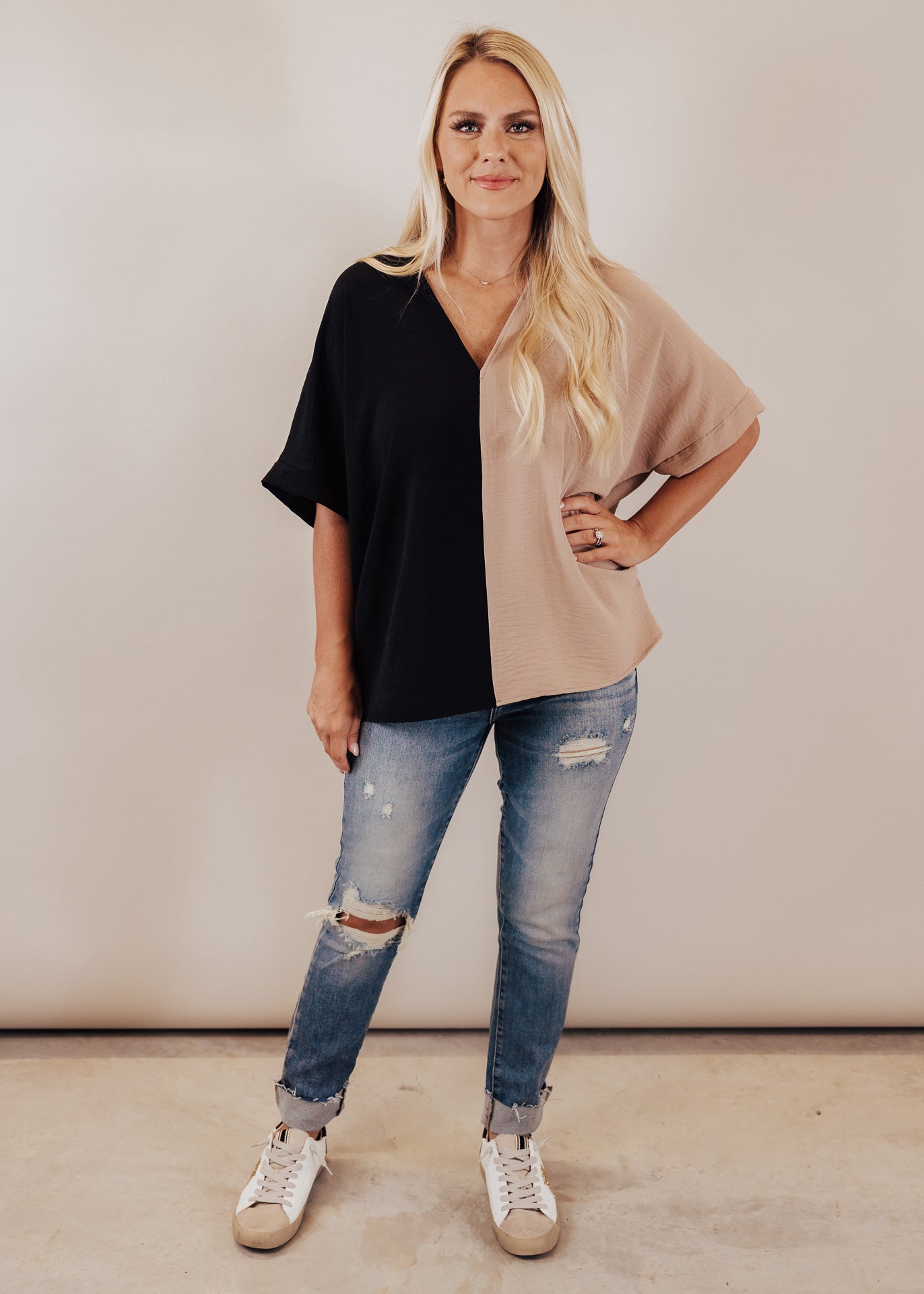 Whitney Color Block Top *BLACK/TAUPE