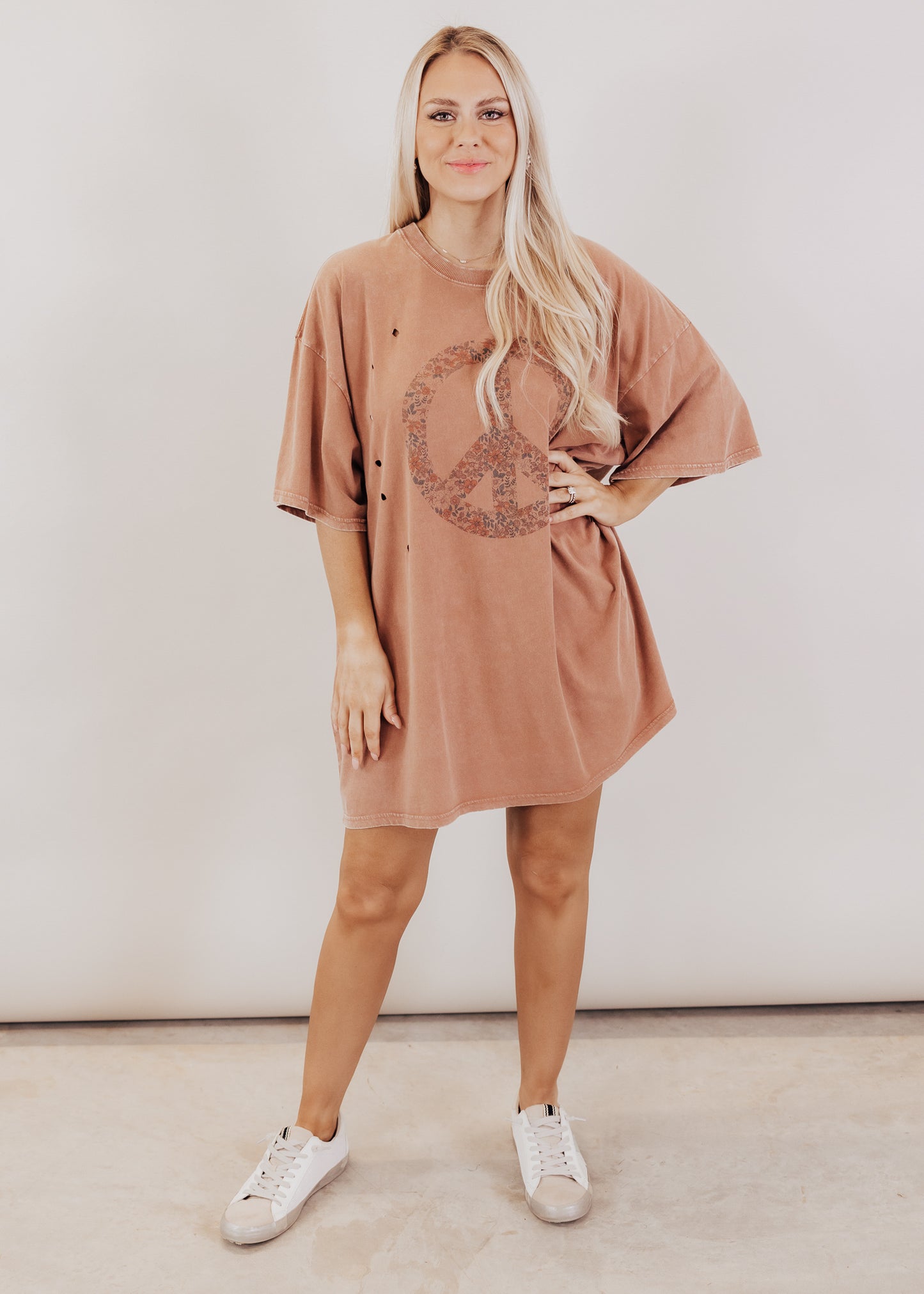 Oversized Distressed Floral Peace Long Top (S-3X) *COCOA