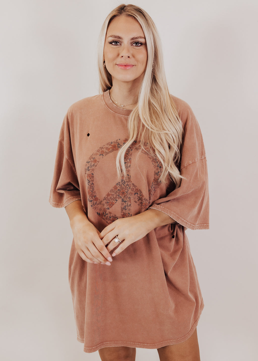 Oversized Distressed Floral Peace Long Top (S-3X) *COCOA