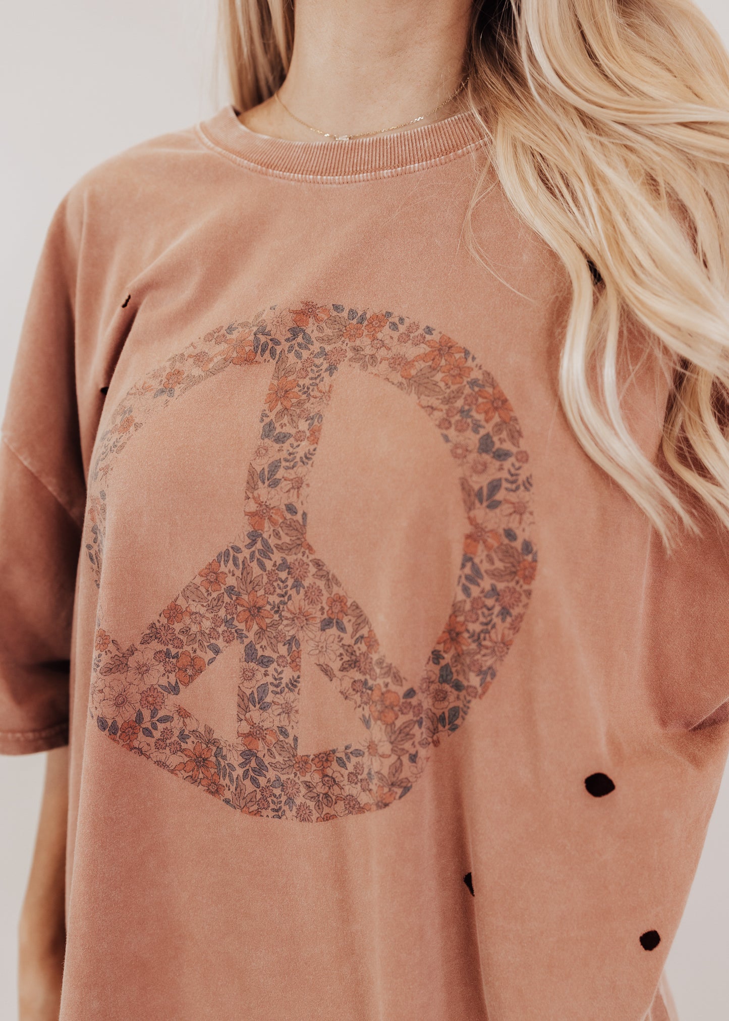 Oversized Distressed Floral Peace Long Top (S-3X) *COCOA