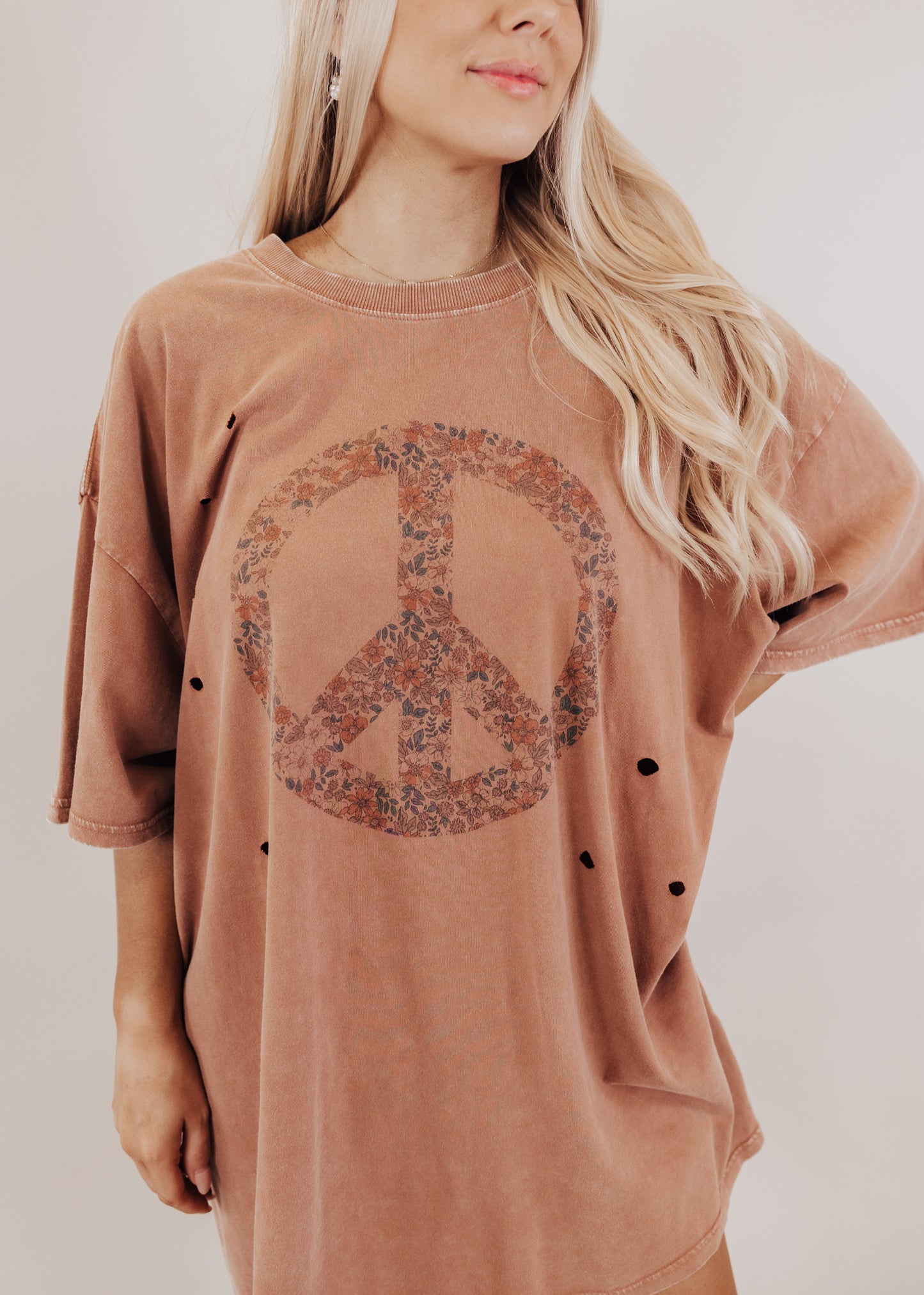 Oversized Distressed Floral Peace Long Top (S-3X) *COCOA