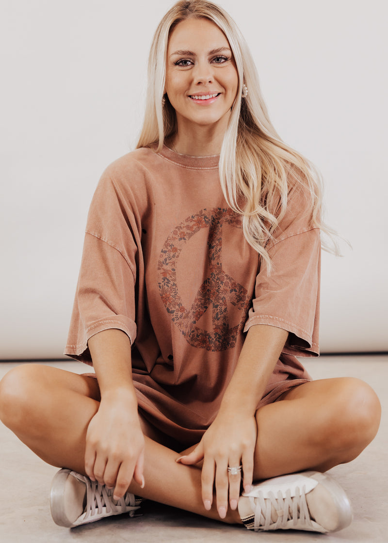 Oversized Distressed Floral Peace Long Top (S-3X) *COCOA