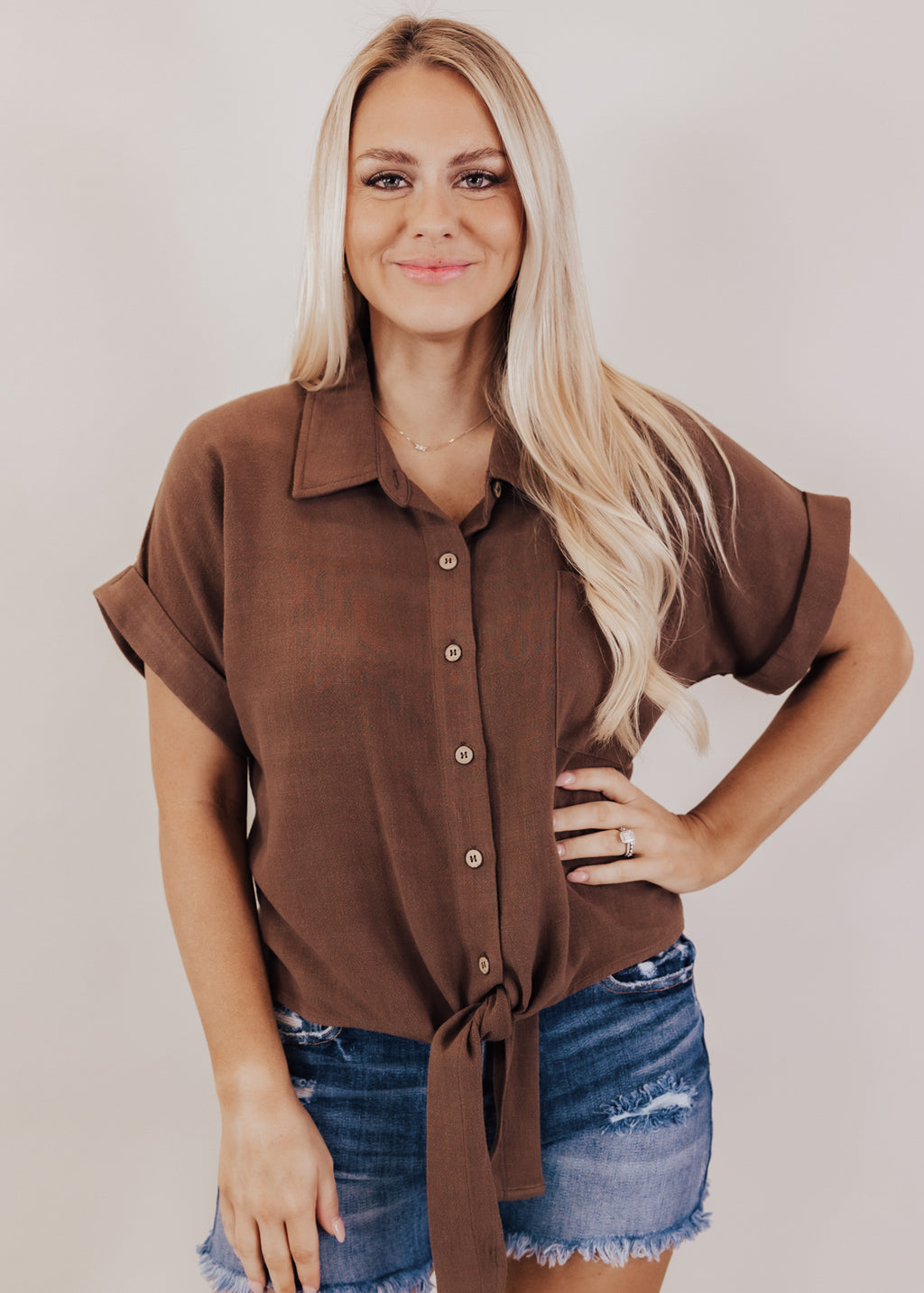 Brown Button Down Front Tie Top