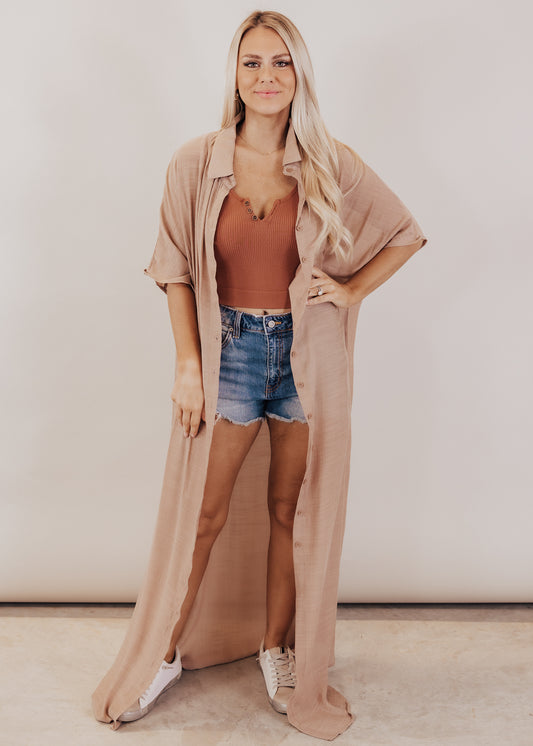 Farrah Long Button Down Coverup *TAN
