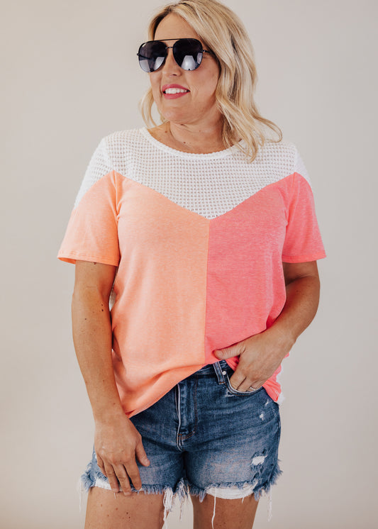Neon Color Block Top (S-XL) *WHITE/CORAL/PINK