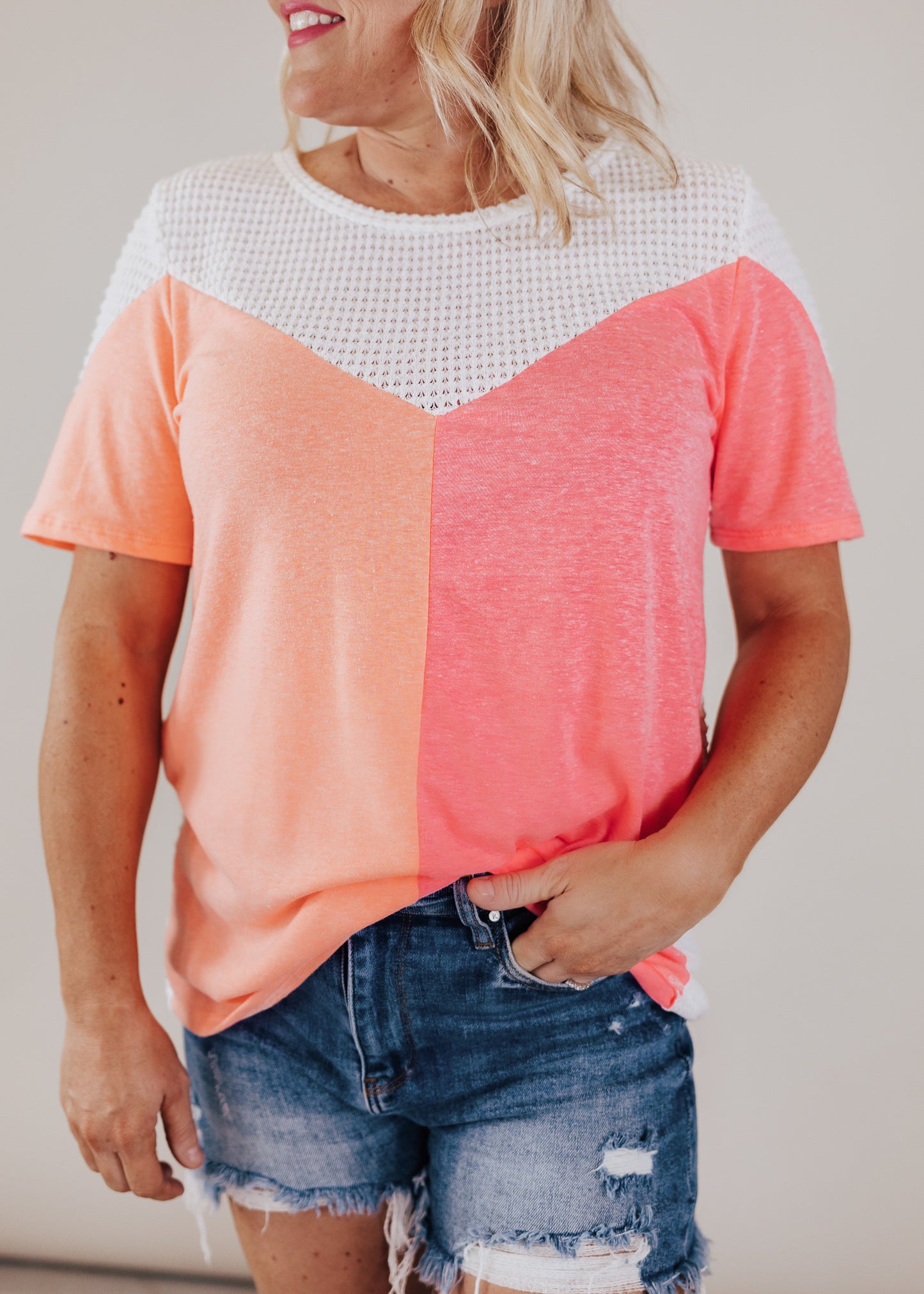 Neon Color Block Top (S-XL) *WHITE/CORAL/PINK