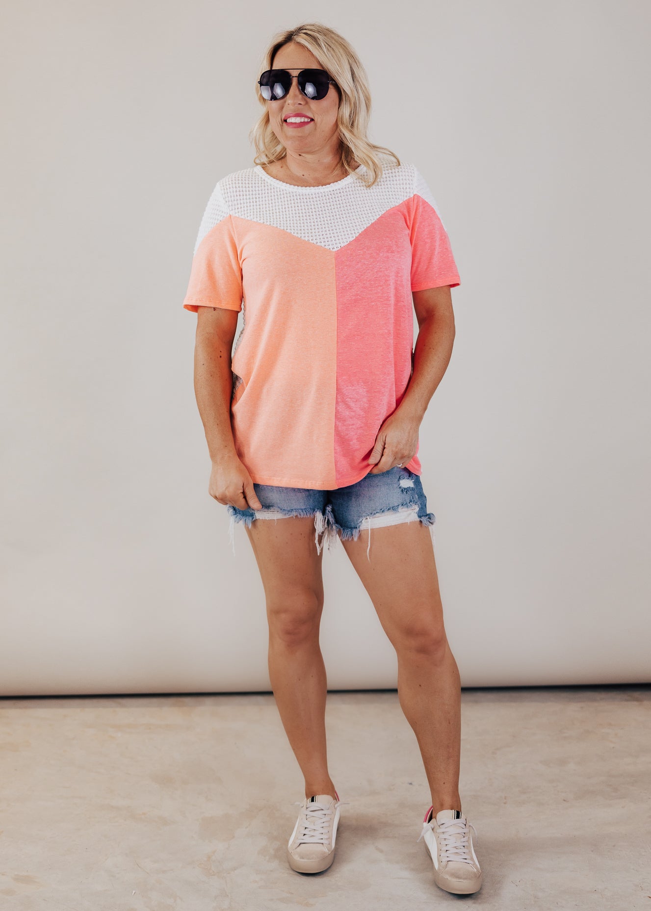 Neon Color Block Top (S-XL) *WHITE/CORAL/PINK