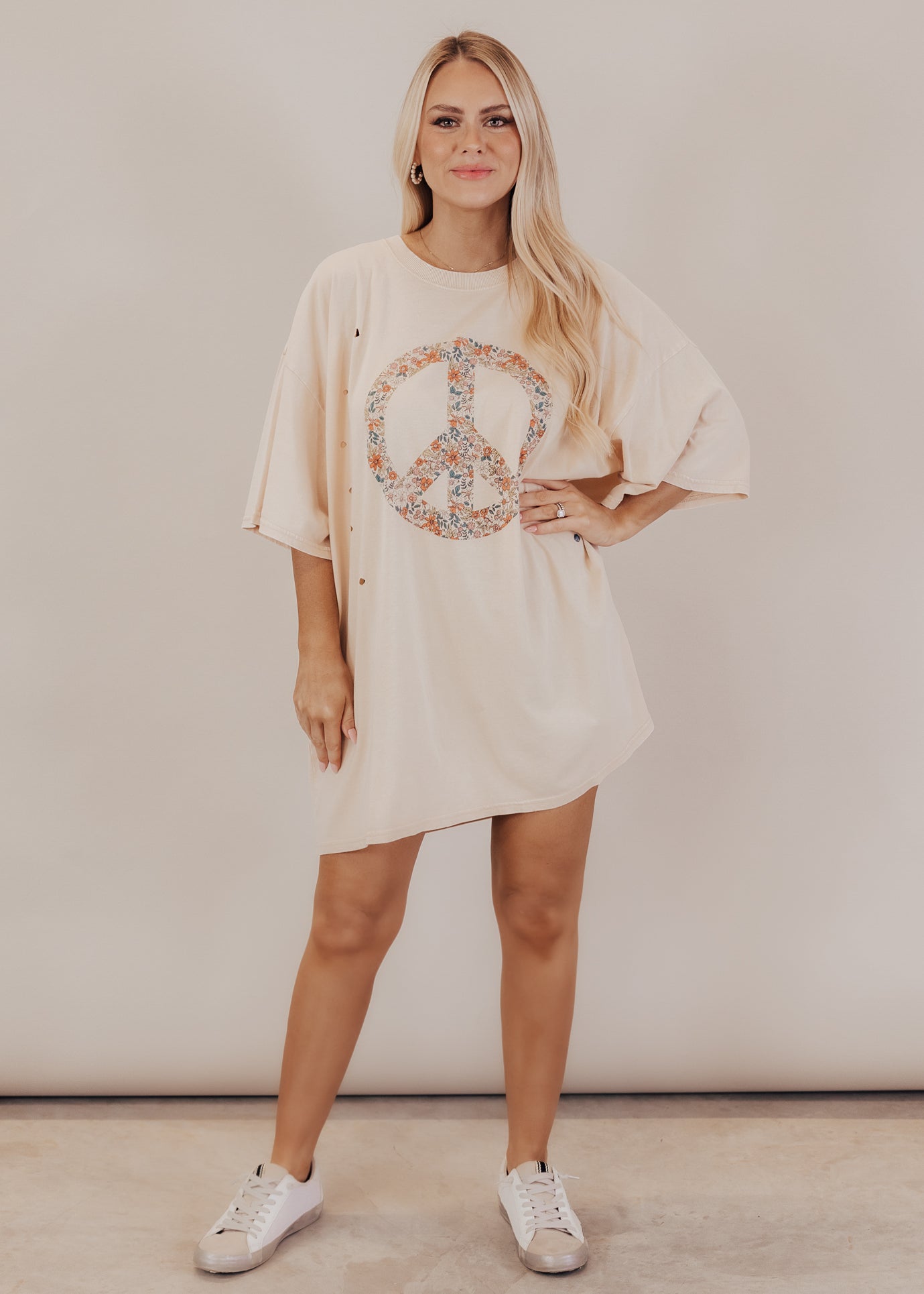 Oversized Distressed Floral Peace Long Top (CAN FIT XL) *SAND
