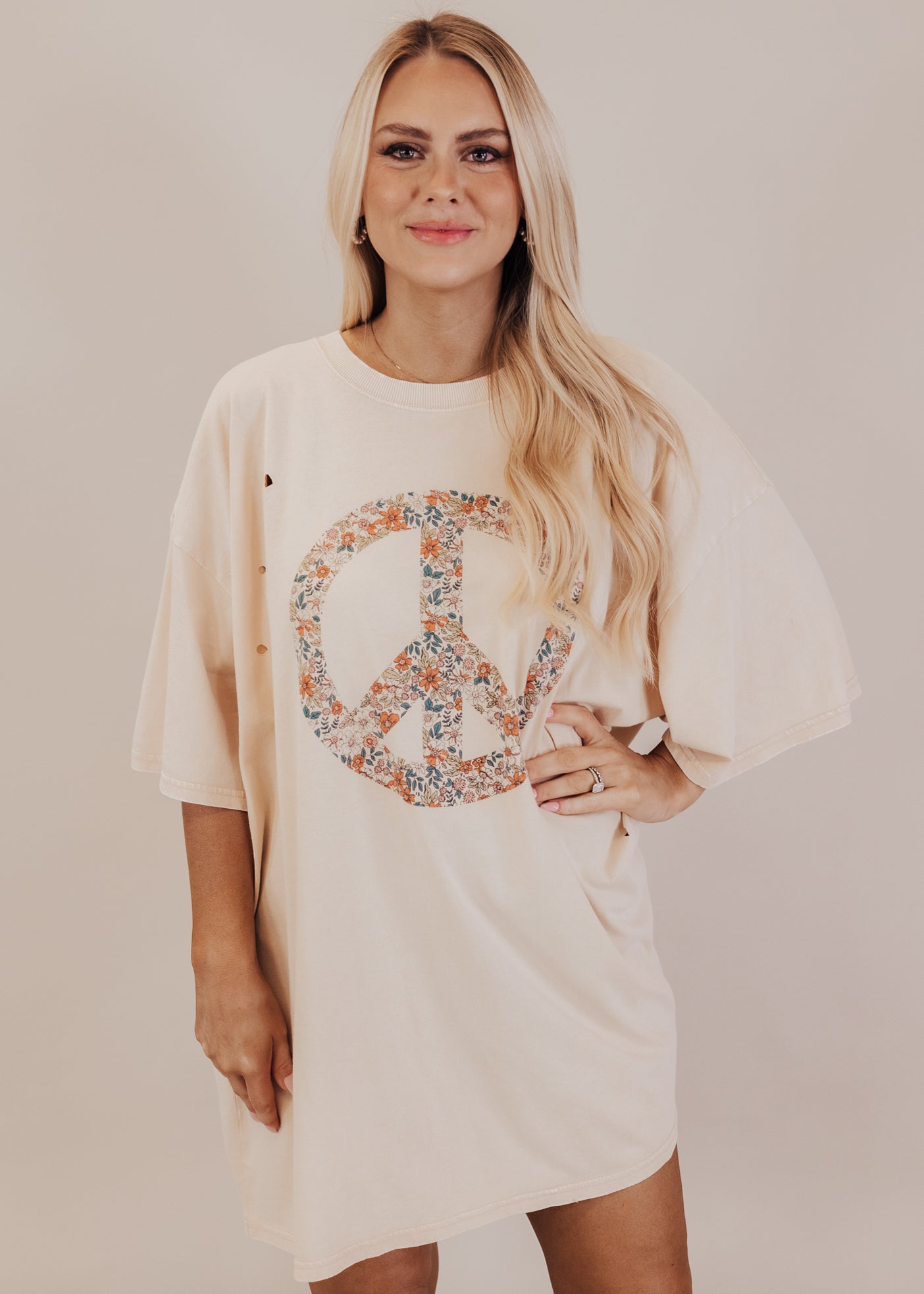 Oversized Distressed Floral Peace Long Top (CAN FIT XL) *SAND