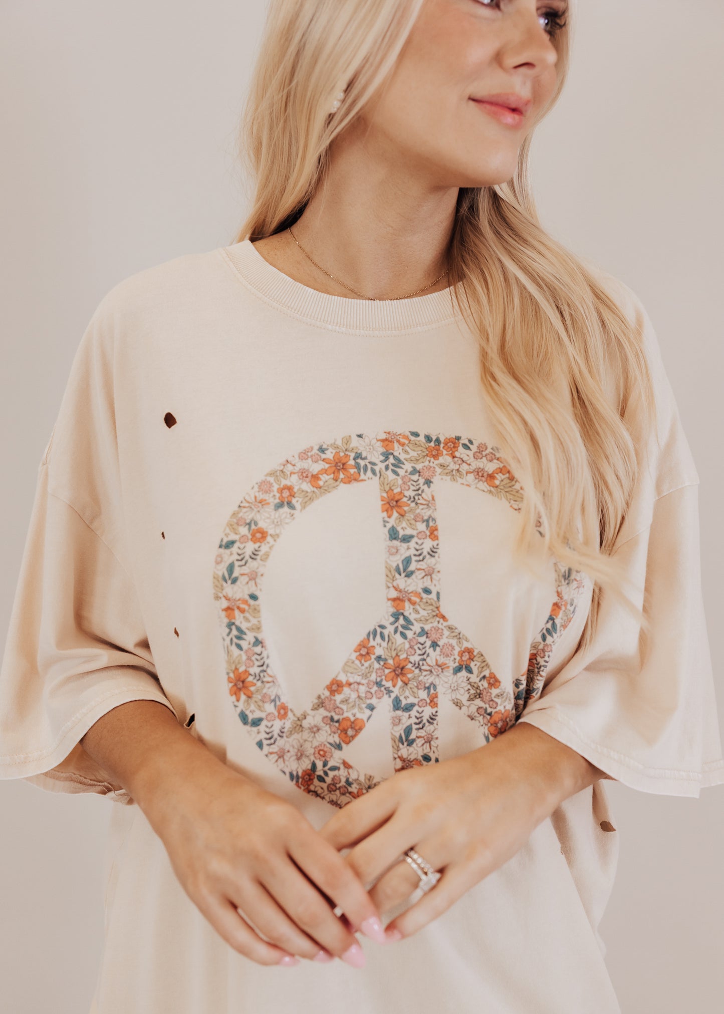 Oversized Distressed Floral Peace Long Top (CAN FIT XL) *SAND