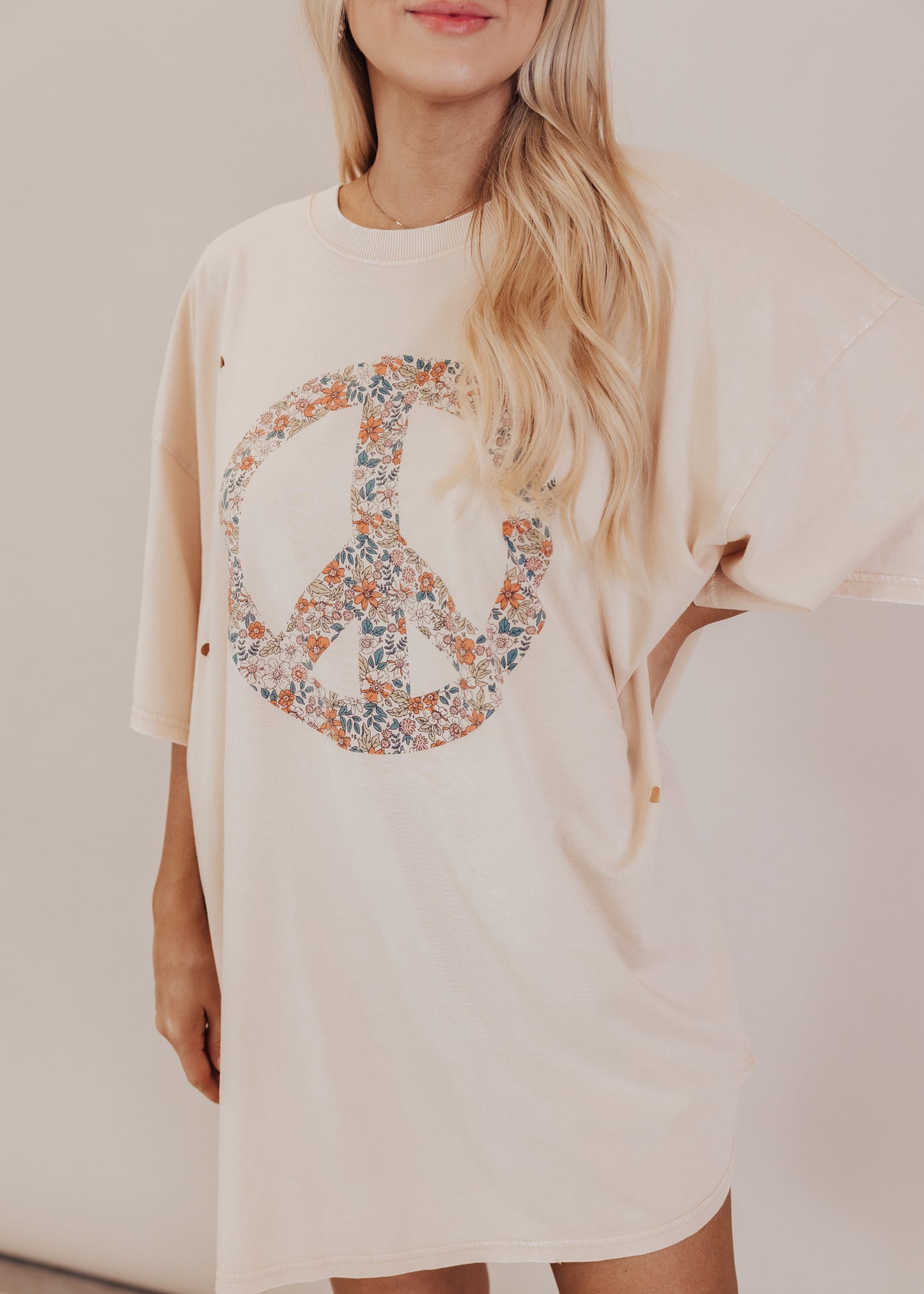 Oversized Distressed Floral Peace Long Top (CAN FIT XL) *SAND