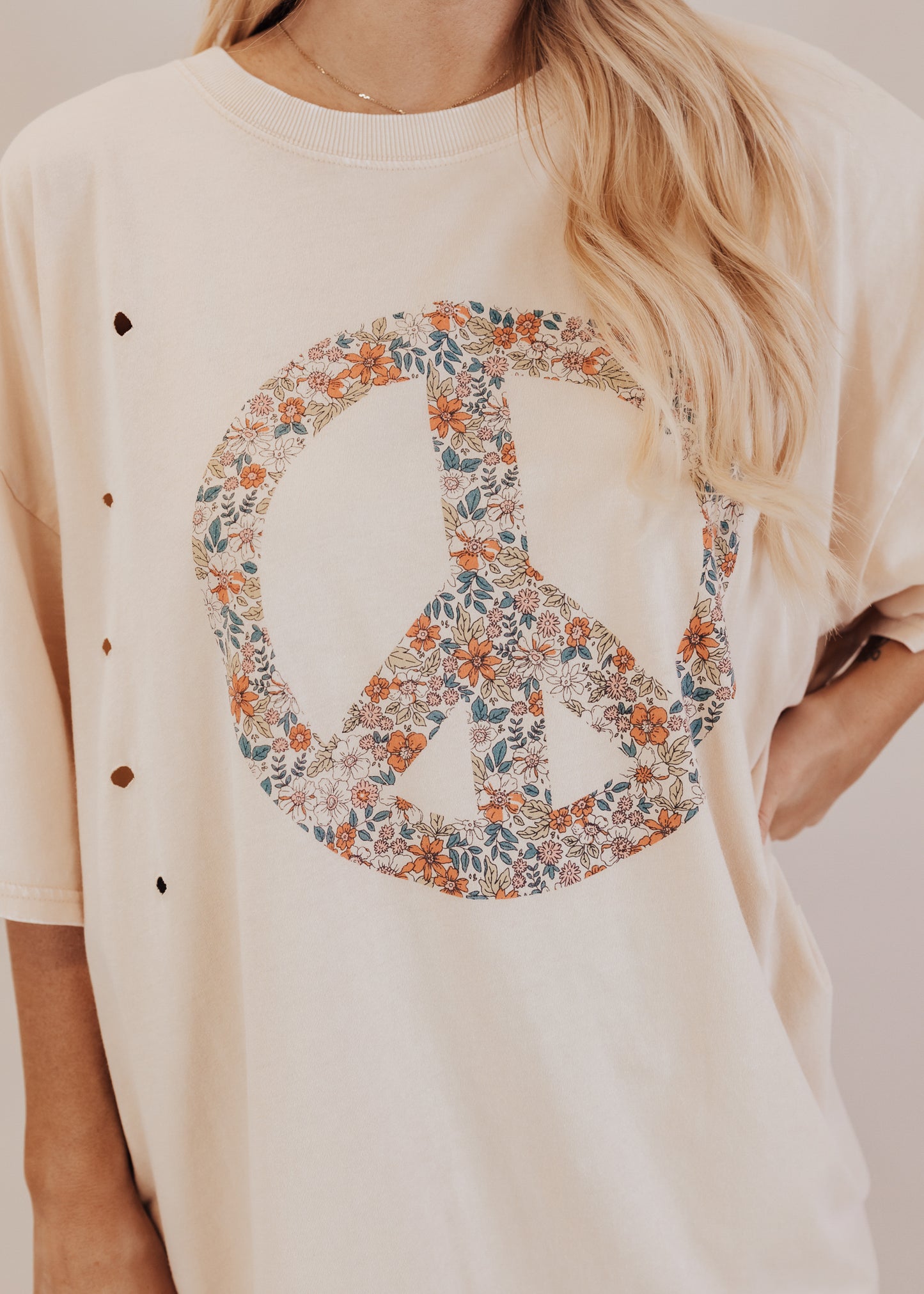 Oversized Distressed Floral Peace Long Top (CAN FIT XL) *SAND