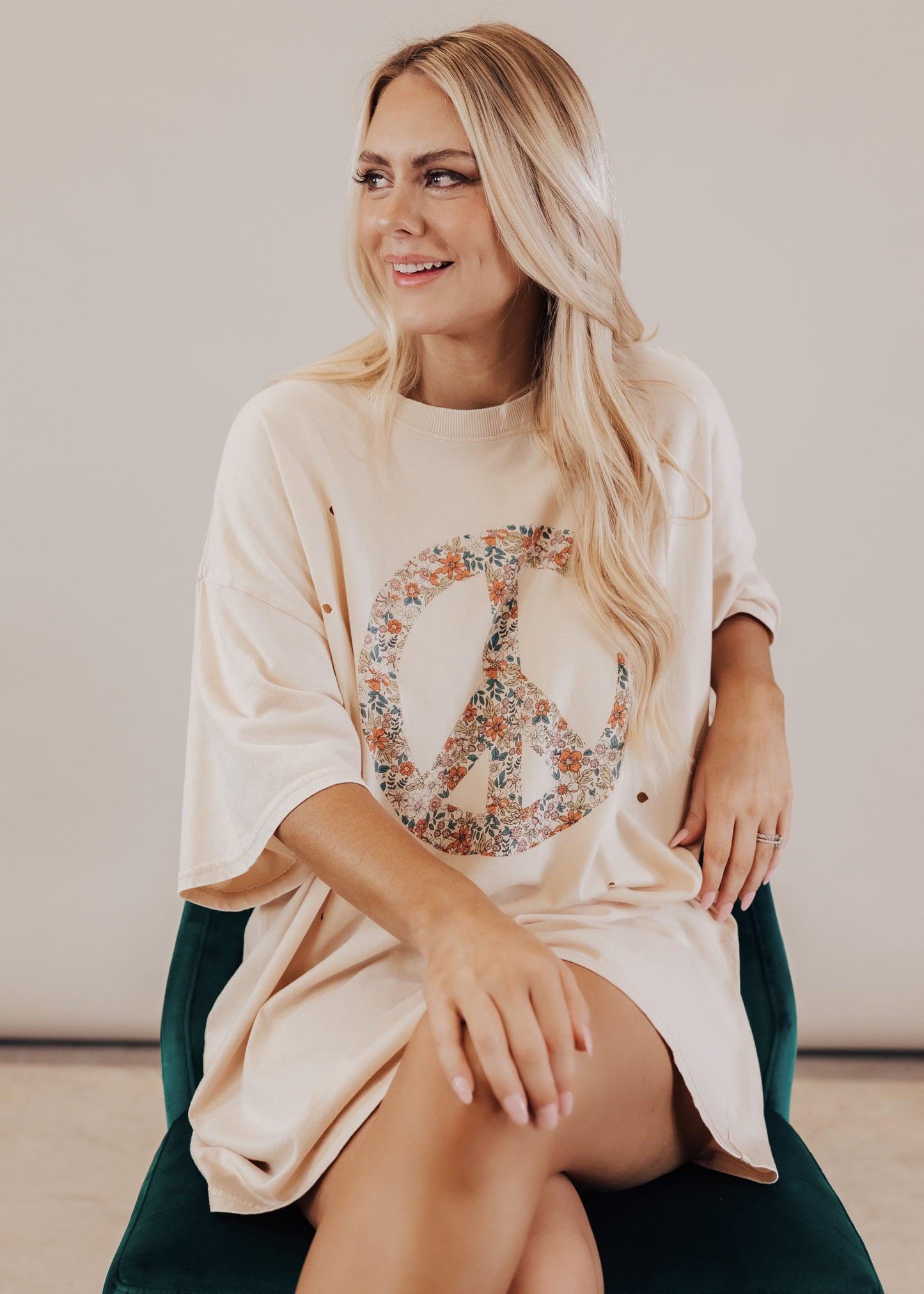Oversized Distressed Floral Peace Long Top (CAN FIT XL) *SAND