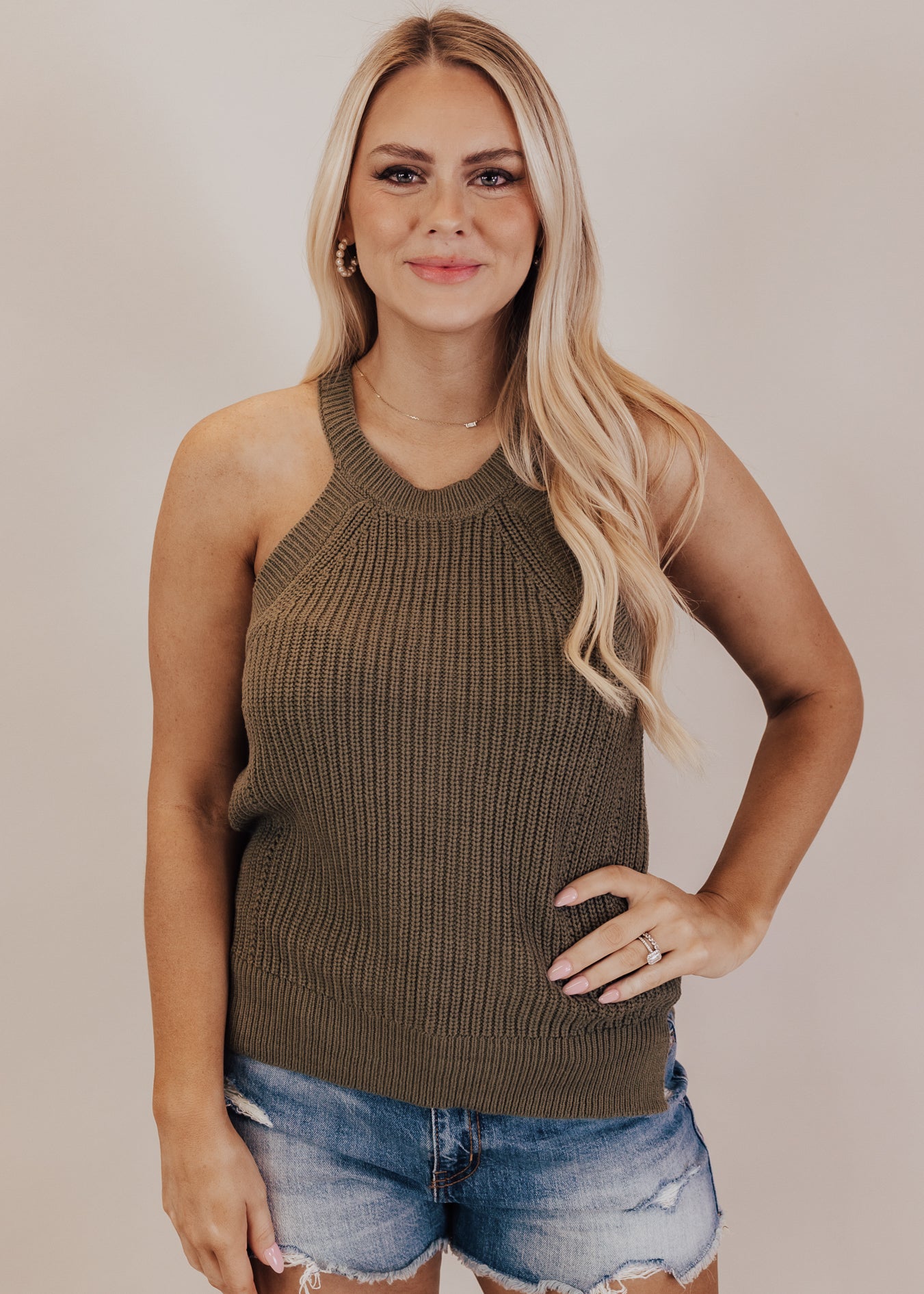 LARGE: Henna Halter Knit Top *OLIVE