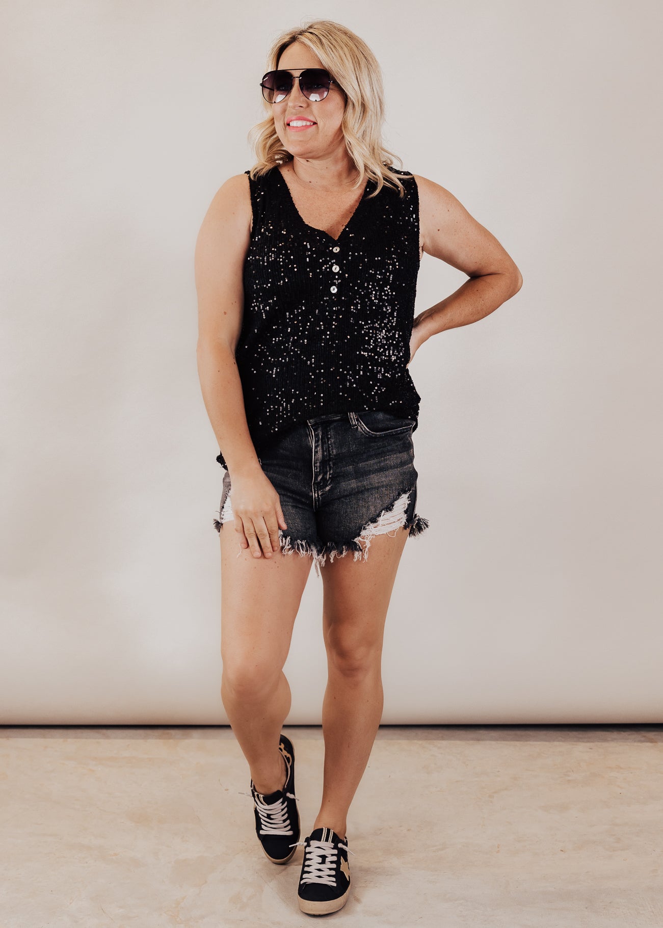 SMALL: Pol Sequin Sleeveless Top *BLACK
